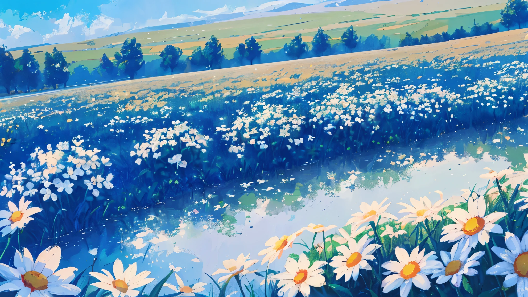 The prompt generated is: "field of white flowers, sunlight, blue sky, (best quality,4k,8k,highres,masterpiece:1.2),ultra-detailed,realistic:1.37, HDR, vibrant colors, bokeh, oil painting, soft lighting"