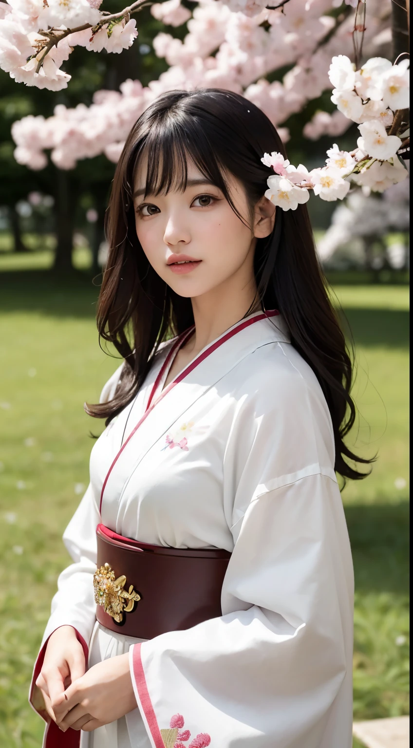 (logo、masterpiece、8k、table top、RAW photo、wonderful、最high quality、Photorealistic and hvery detailed CG integrated 8k wallpaper、high quality、very detailed、Narrative poem、particle effects、dynamic effects、written boundary depth、cinematic light、Lens flare、ray tracing)、fantasy、 (1 beautiful woman、white kimono、Japan Dress、white cherry blossom pattern、White cherry blossom embroidery pattern、black haired、beautiful face、real face、beautiful details eyes beautiful skin)、Hair flutters in Wind、hair bounces、pink cherry tree、petals dance、SakuraFubuki、wonderful景色、sunrise、sun on background、Wind、god々、teeth、god話、vast land