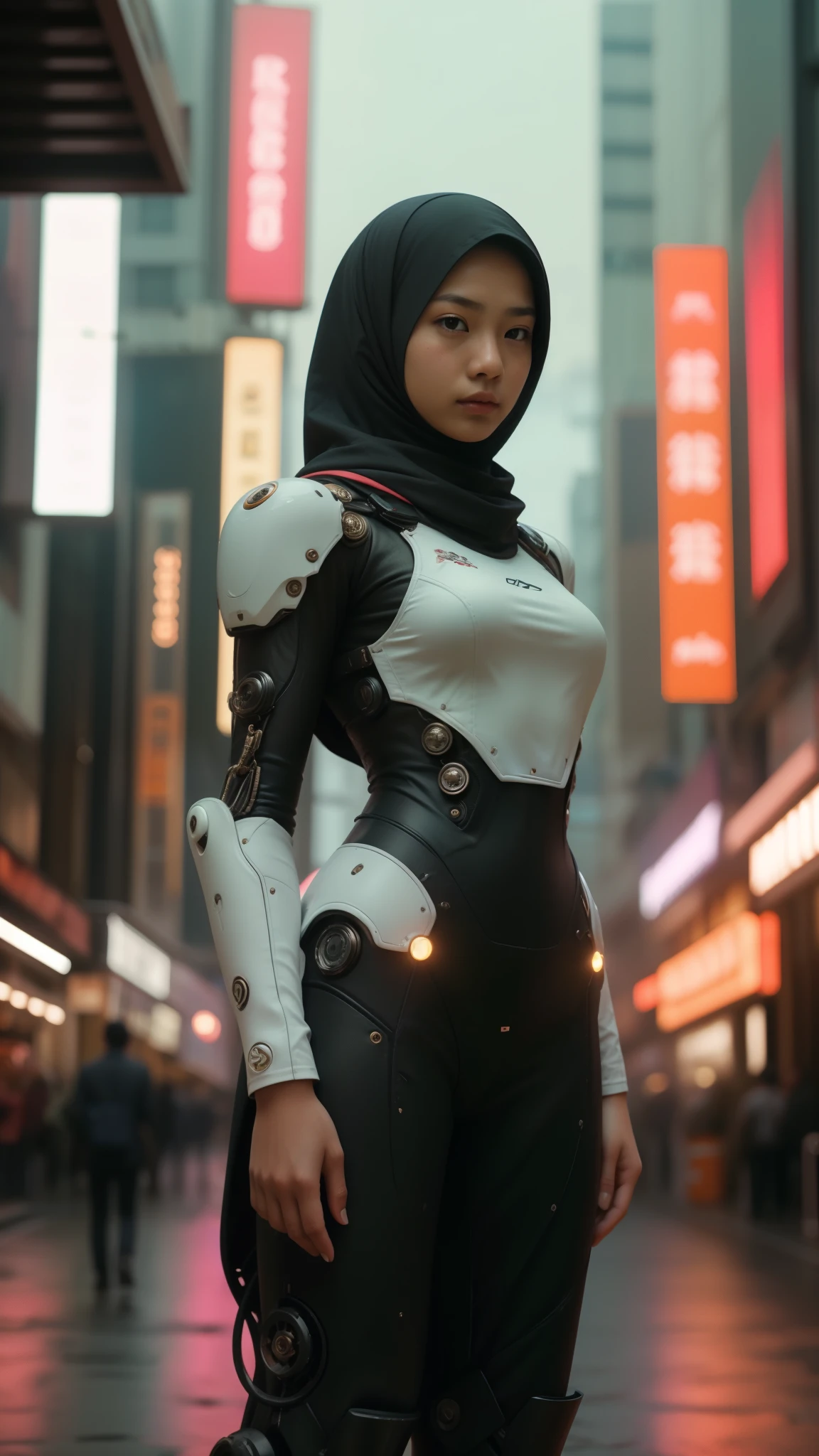 a malay teenage girl in hijab and mecha suit standing in action in front of bustling kuala lumpur malaysia city streets, serious face, nighttime, 35mm lens, Extreme close-up, pastel color grading, depth of field cinematography effect, film noir genre, 8k resolution, high quality, ultra detail