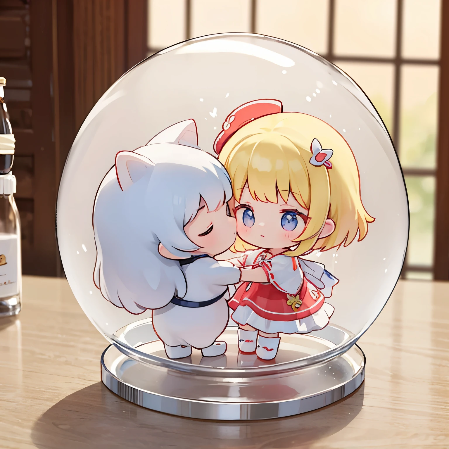 There is a kissing doll inside a dome-shaped transparent plastic case.