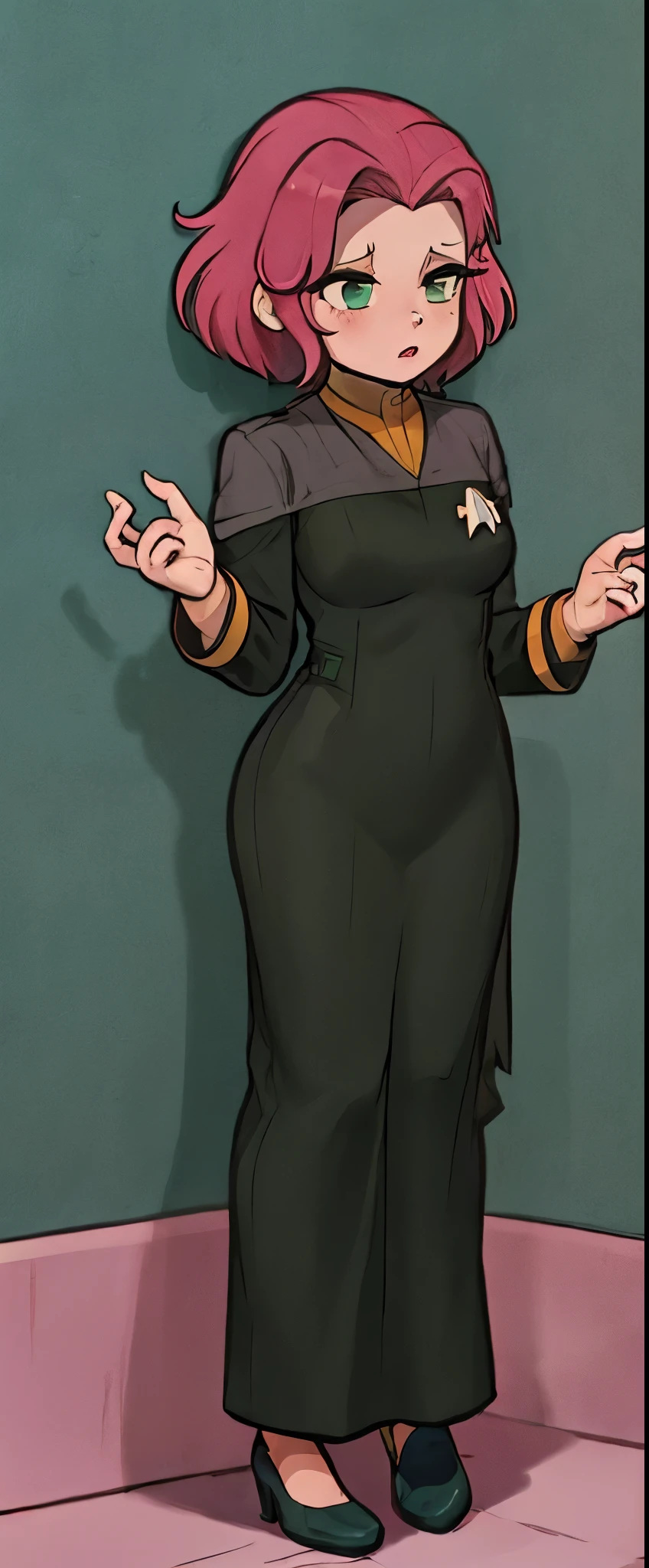 wallpaper best quality, masterpiece:1.2), anime aesthetic fullbody fullframe solo 1 adult female tall dress pink hair ds9st red and black uniform ds9st teal and black uniform ds9st yellow and black uniform ds9st command ds9st operations ds9st science disdain