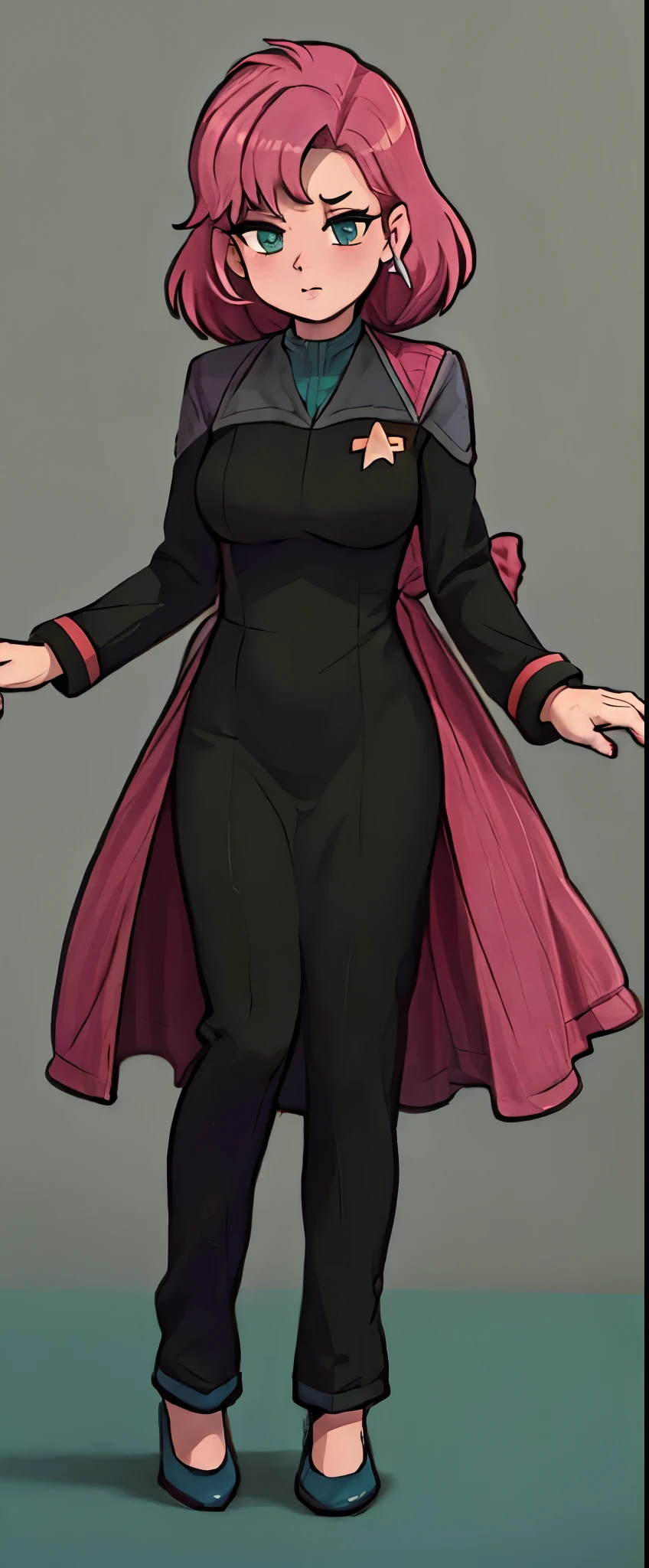 wallpaper best quality, masterpiece:1.2), anime aesthetic fullbody fullframe solo 1 adult female tall dress pink hair ds9st red and black uniform ds9st teal and black uniform ds9st yellow and black uniform ds9st command ds9st operations ds9st science disdain