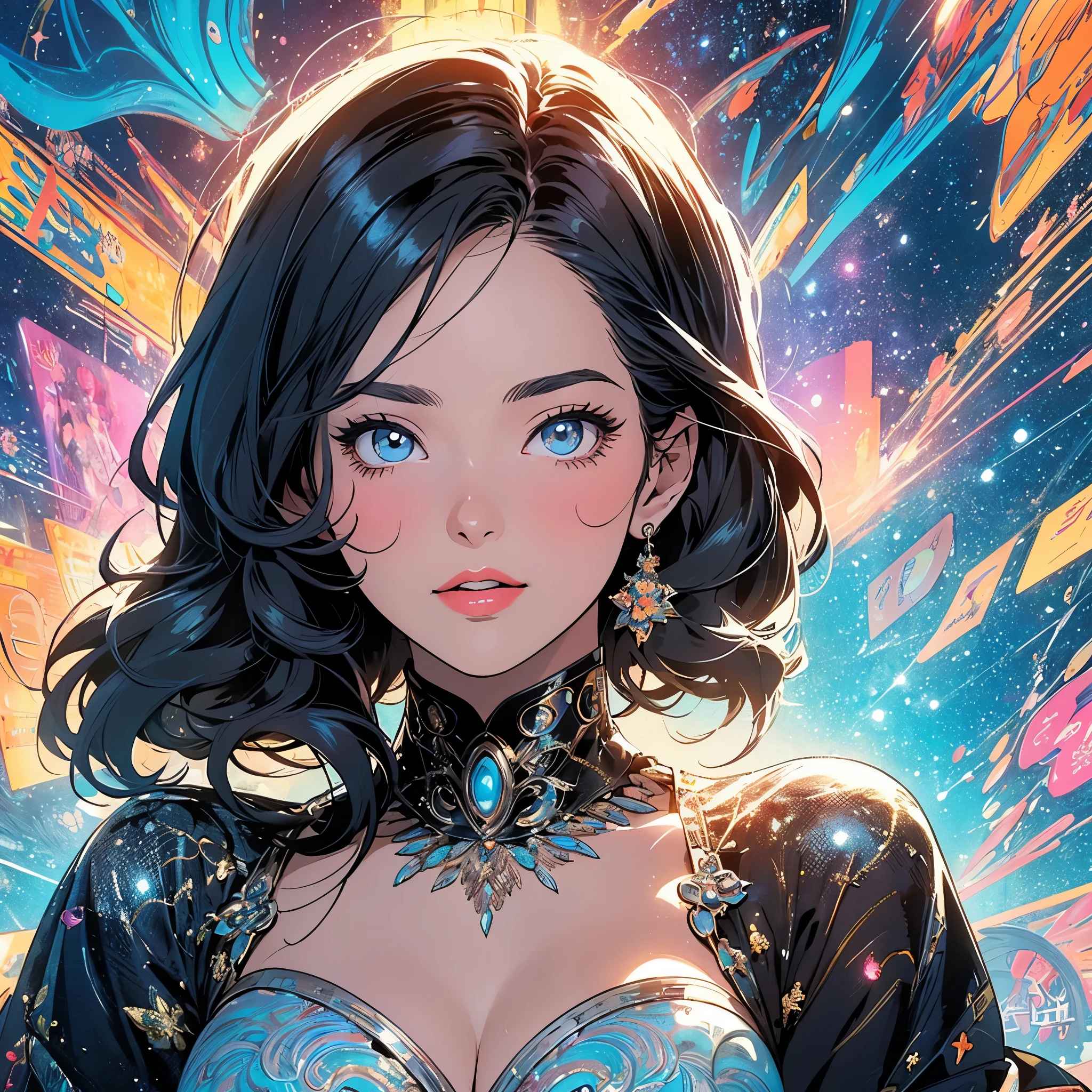 (masterpiece, highest quality), 32K,(highly detailed beautiful woman), poster,SF,1960s,1970s,bauhaus, shape, abstract,movie poster, vintage,retro,futuristic anime,ultimate highlight,highly detailed glowing eyes,cleavage,complicated pattern,,Gradation,galaxy