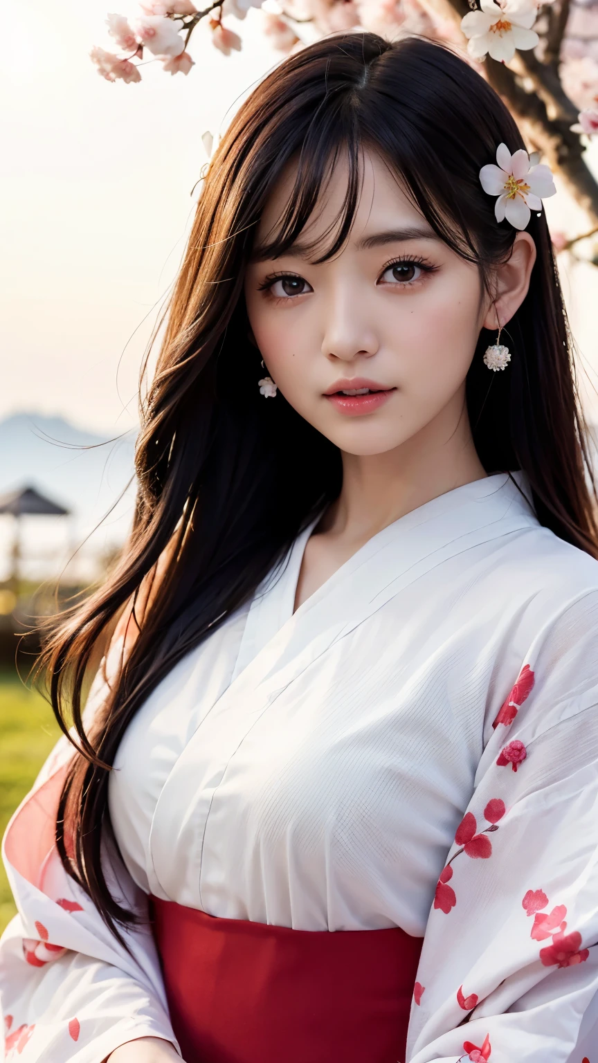 (logo、masterpiece、8k、table top、RAW photo、wonderful、最high quality、realistic、very detailed CG 統合 8k 壁紙、high quality、very detailed、Narrative poem、particle effects、dynamic effects、written boundary depth、cinematic light、Lens flare、ray tracing)、fantasy、 (1 beautiful woman、Kimono isolated on white background、Japan Dress、cherry blossom pattern、black haired、beautiful face、real face、detailed and beautiful eyes、beautiful skin)、Hair flutters in Wind、hair bounces、pink cherry tree、petals dance、SakuraFubuki、wonderful景色、sunrise、sun on background、Wind、god々、teeth、god話、vast land、