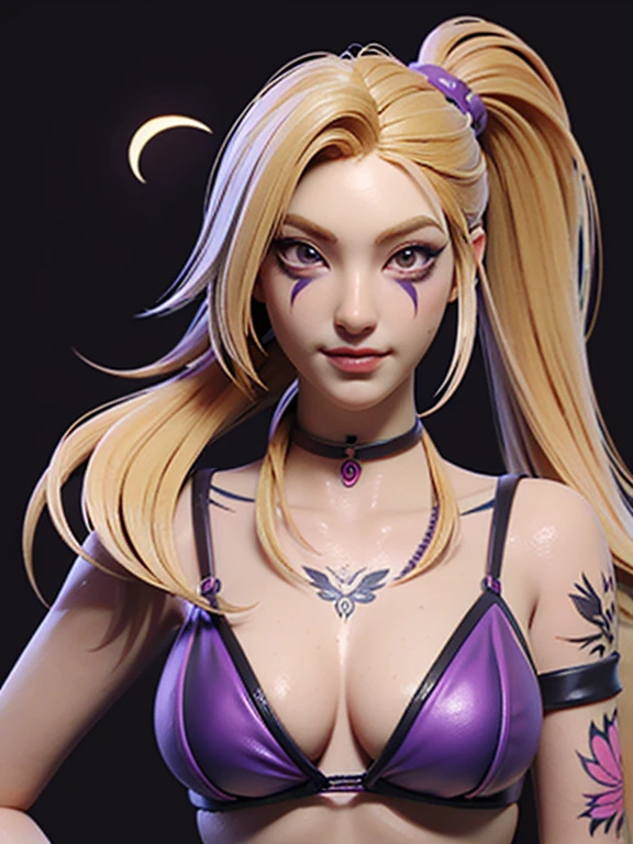 (masterpiece), (highest quality), (Super detailed), (dirty hair),A blonde woman in her 30s with insect motif tattoos all over her body.、（Get a clown tattoo on your chest）、（snake tattoo on arm）、（I have a wolf tattoo on my back）、purple micro bikini 、Photographed from the front、
