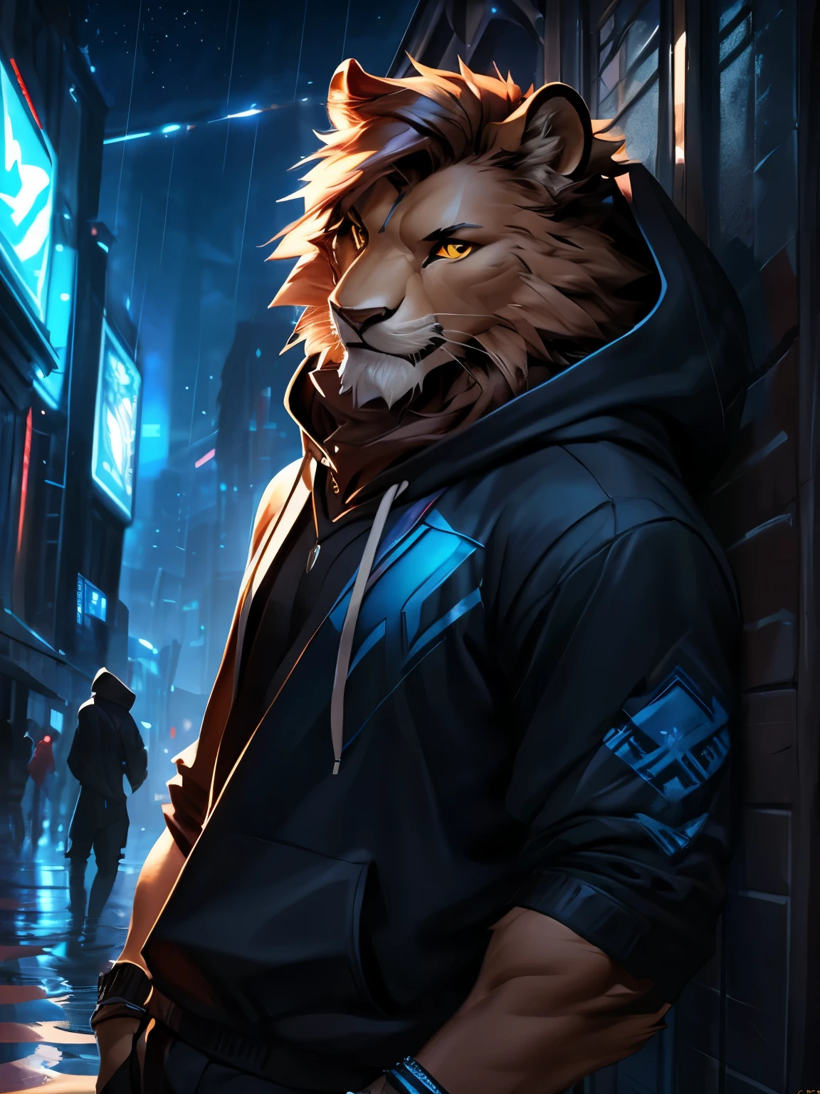 4k, ,8K, A high resolution, best quality, perfect colors, perfect shadows, perfect lighting, posted on e621, (by Chunie, by canyne khai, by t.y.starale), male, furry, Lion anthro, solo, yellow eyes, (Realistic eye details 1.2), night city, rain, Streetwear Hoodie wear, Full body like, Slim body, dramatic lighting, soft lighting, day, highly detail, Hair coiled, delight, Standing up position, cool pose charm, Abstract beauty, centre, Looking at the camera, Facing the camera, nearing perfection, Dynamic, highly detailed, illustration, (Realistic background), ((Bonifasko lighting)), (Detailed eyes), perfect pupils, detail eyes, detail fluffy fur, (seductive face:1.2), fit body, Looking at the camera,, fit body, perfect male figure, Detailed fur, Detailed face, Perfect face, Detailed background, (Complex),  (Super Detail), (Ultra Clear), (Best Quality)