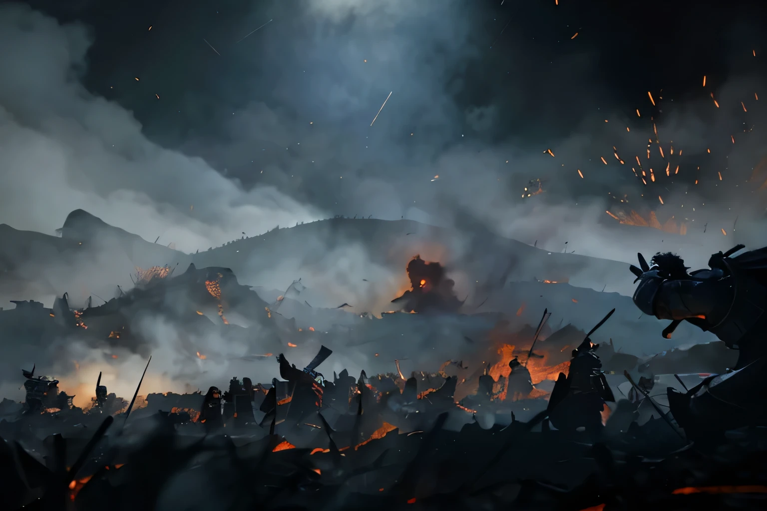 A group of men in armor standing in front of a fire, background: battle scene, 史诗般的battle scene, 《For Honor》character concept art, invading army background, epic battle scene, after a big war, magical 战场background, Eldon Circle Cinema Lighting, heroic battle scene, battlefield background, Very epic atmosphere, battle landscape, 战场background