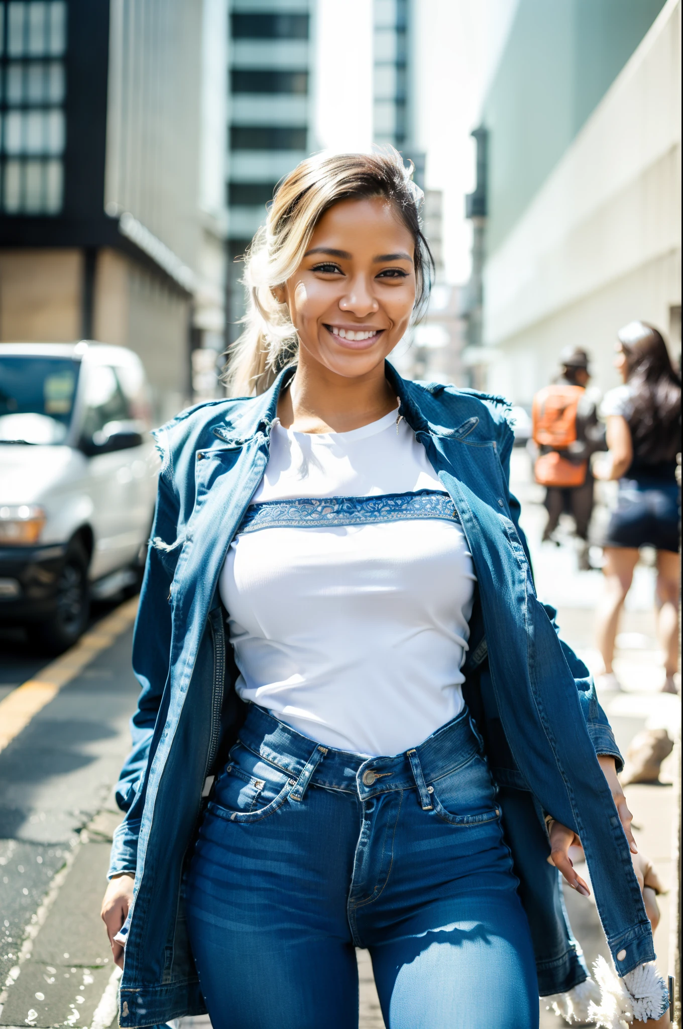 A portrait photo of a smiling road woman worker in modern city, young_woman, light_skin, smile, white skin, sexy provocative work suit, jeans worker's uniform, masterpiece photo, with highly detailed face, sharp focus, intricate details, highly detailed. Shot from a dutch angle.