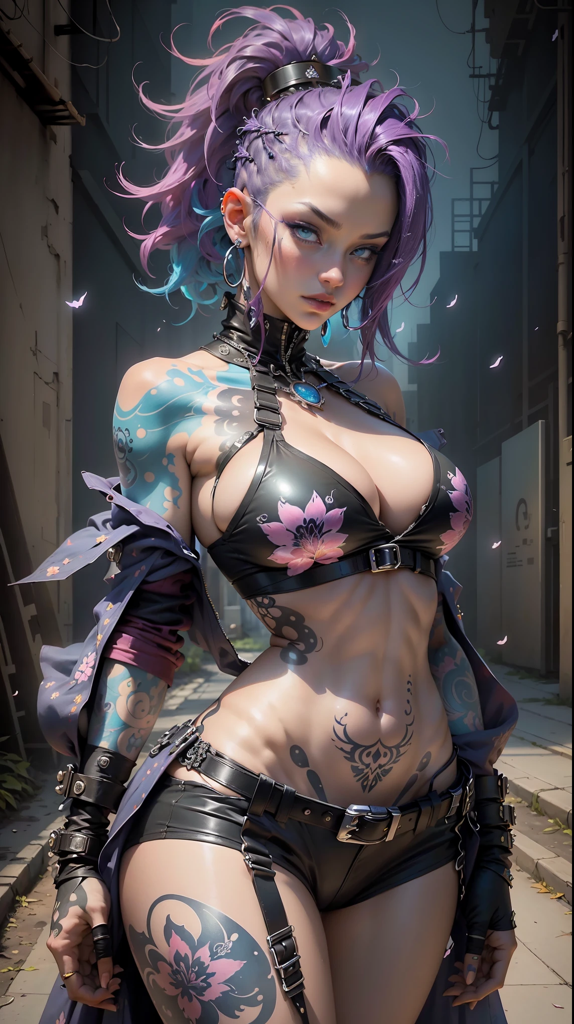 (masterpiece, top quality, best quality, official art, beautiful, cosmic, atmospheric, psychedelic, dreamlike and aesthetic:1.2), (1girl, blue punk rock mohawk hair, tons of tattoos and piercings, accentuated super huge enormously gigantic , cleavage showing, full body portrait), extreme detailed,(fractal art:1.3),colorful,highest detailed, cherry blossoms and butterflies blowing in the wind 