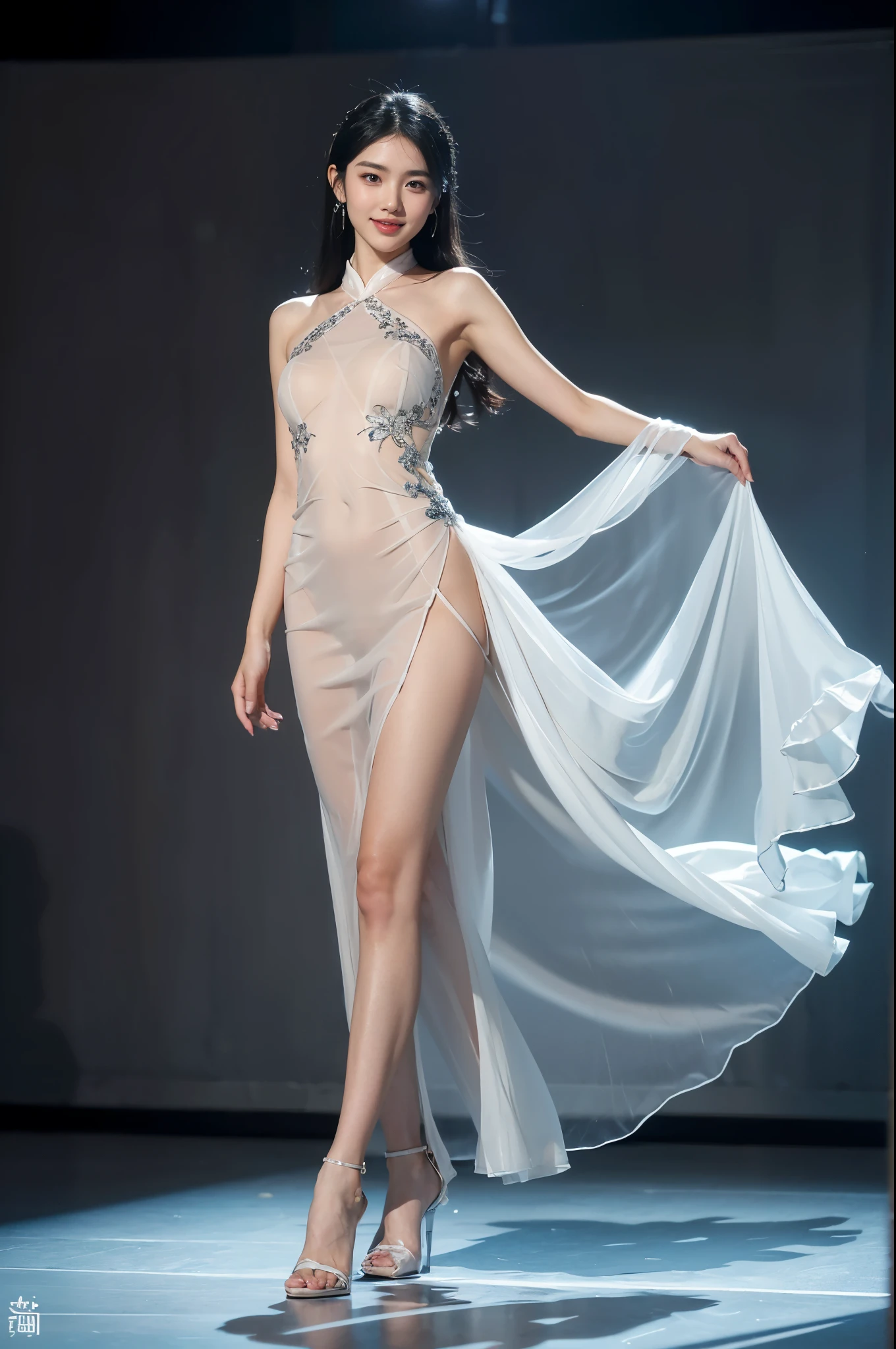 8K, Top Quality, Intricate Details, Ultra Detail, Ultra High Resolution, Masterpiece, random angle,  random pose, Slender, Smile, (Makeup: 0.4), looking at viewer, ((full body)), 19 years old girl, (( full body)), close up shot, , ((tall)), (((fit body))), (((slim face))), sharp face, sharp eyes, (((black hair,  )) , (detailed face), small lips, araffed asian woman in a sheered dress walking down a runway, sexy gown, opened dress, revealing stylish dress, captivating and enticing, gorgeous chinese model, translucent silky dress, translucent body, revealing outfit, young sensual graceful, elegant seducing pose, smooth tight clothes suit, see through dress, a goddess,