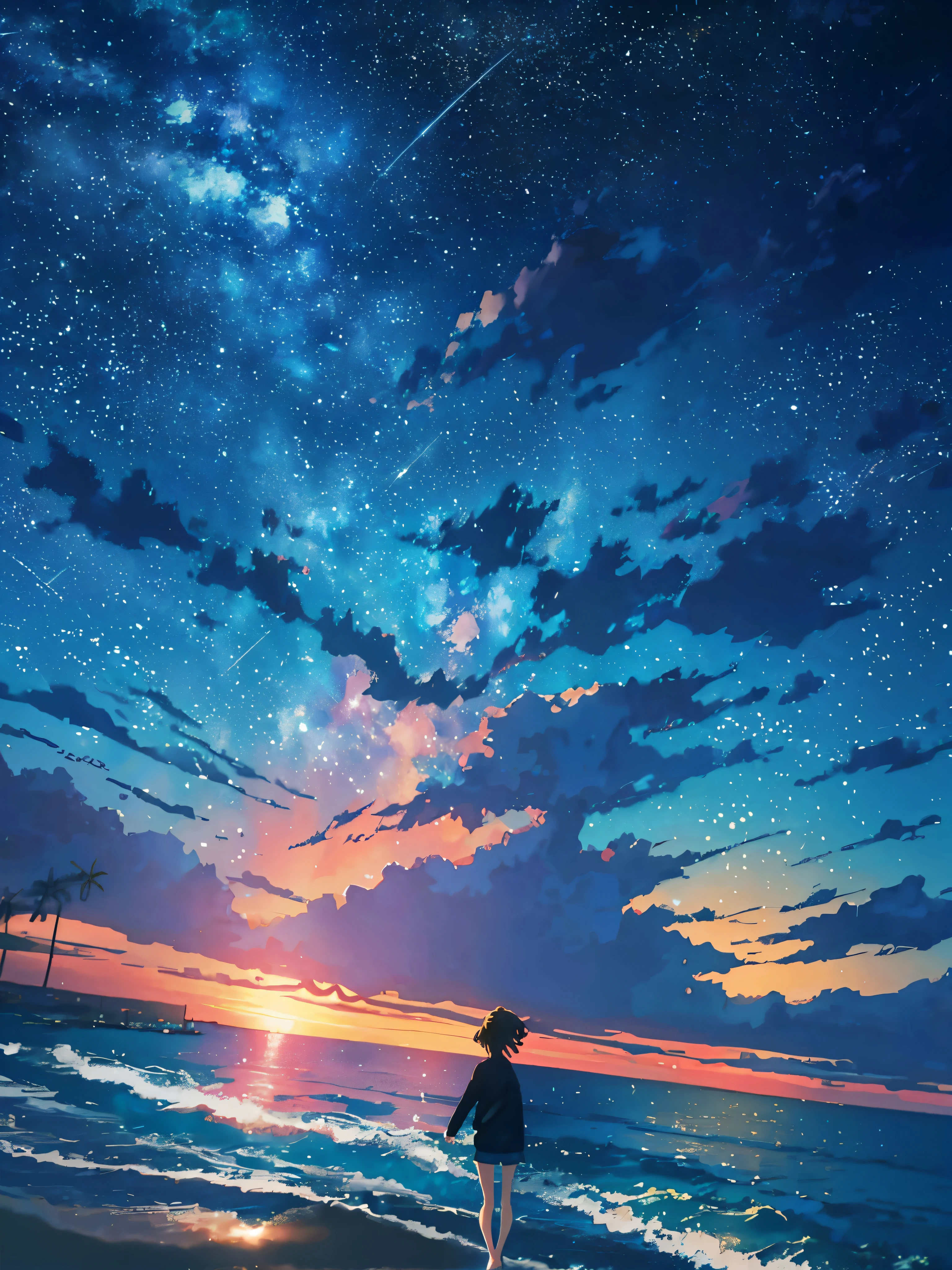 Starry night sky on the beach,There is a body of water, Cosmos Sky. By Makoto Shinkai, anime backgrounds, beautiful anime scenes, anime beautiful peace scene, Makoto Shinkai. —h 2160, ( ( Makoto Shinkai ) ), Makoto Shinkai!!, Makoto Shinkai!, Anime background art, beautiful anime scenery