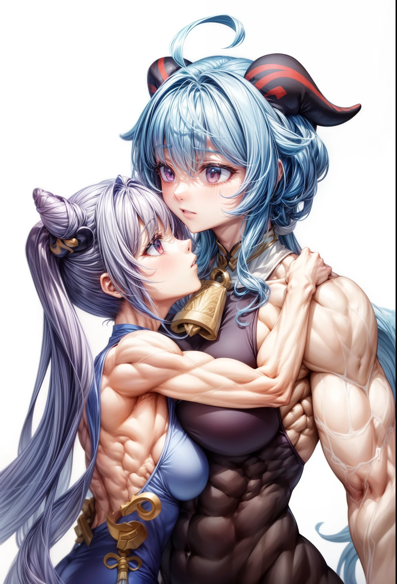 2girls,muscular female,,muscular ,biceps,,thick arm,biceps,(ganyu keqing)