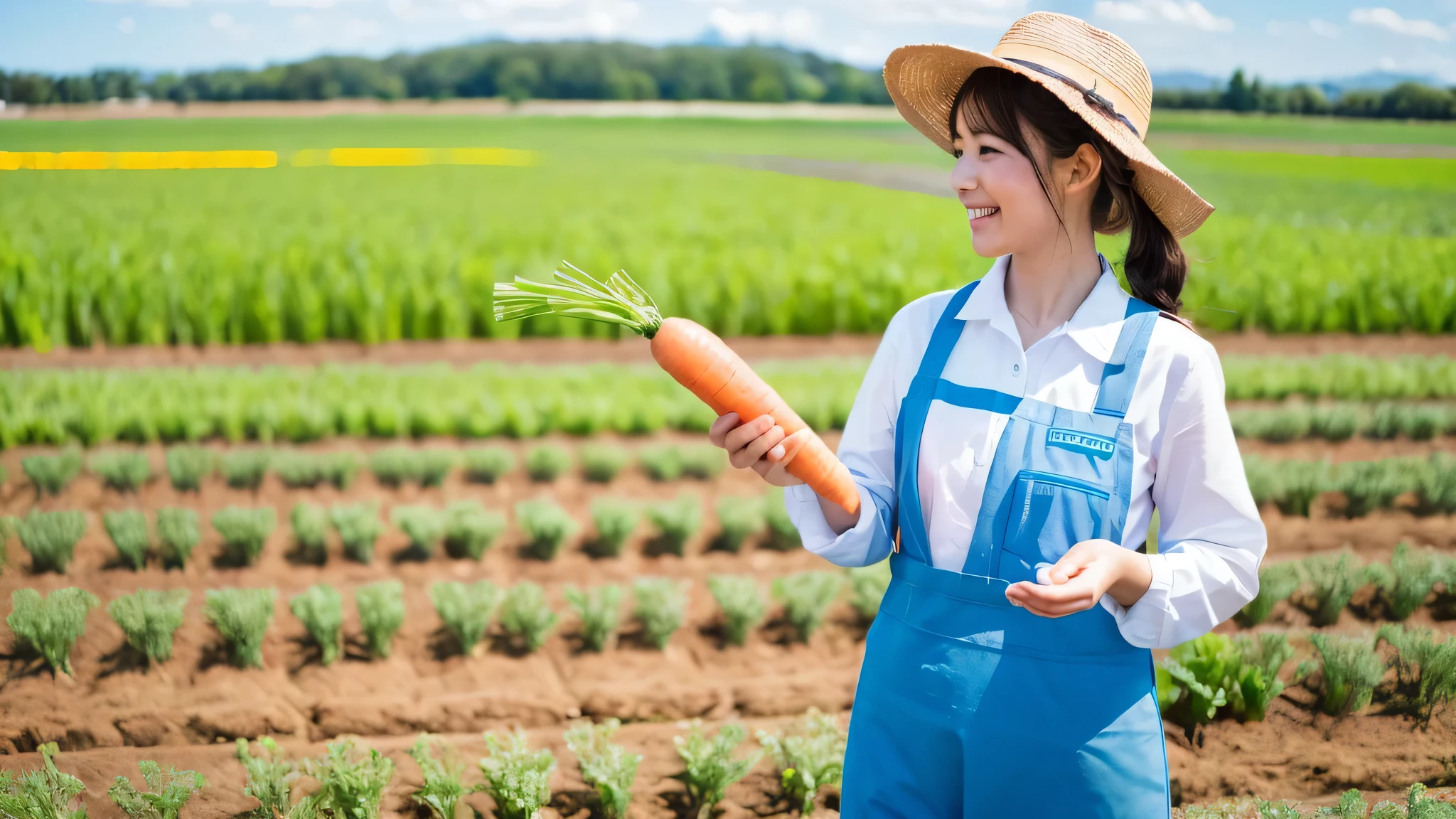 realistic farming girl, Work clothes、cute face、carrots in both hands, field、(Bright and fresh color matching), (mid spring, fieldの風景) (Beautiful blue sky and white clouds, soft and colorful, sunlight), minimalist background