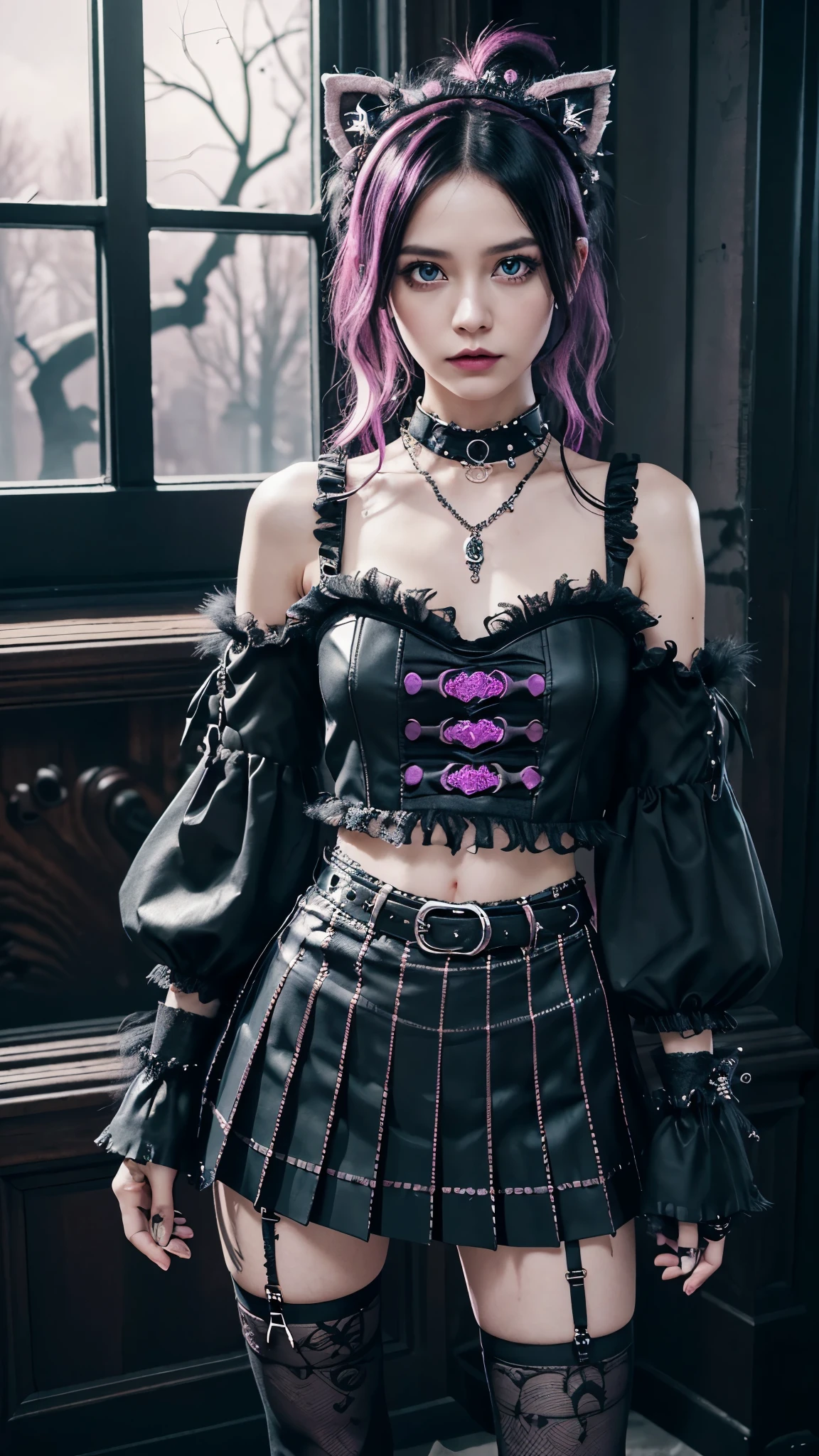 (Ultra-detailed eyes), (((textile shading))), (((Best Quality))), (((masutepiece))), (((Ultra-detailed CG))), sassy girl, (((magical ))), (), (tiny chest), black hair, black hair, black hair, black hair, Spooky Season In Punk hairstyle, ((messy hair, gorgeous hair)), Pink eyes, (((Spooky Season In Punk Outfits))), ((spooky punk a pose)), (((Game CG)) (gorgeous, sassy, it girl), fancy jewelry, haunted house, dark day, strong Spooky Season In Punk atmosphere, strong haunted house atmosphere, cowboy shot, midshot, centered image, eye on camera, heart panel baby tee, black pleated mini skirt, purple furry sleeve, hand gloves, pastel color