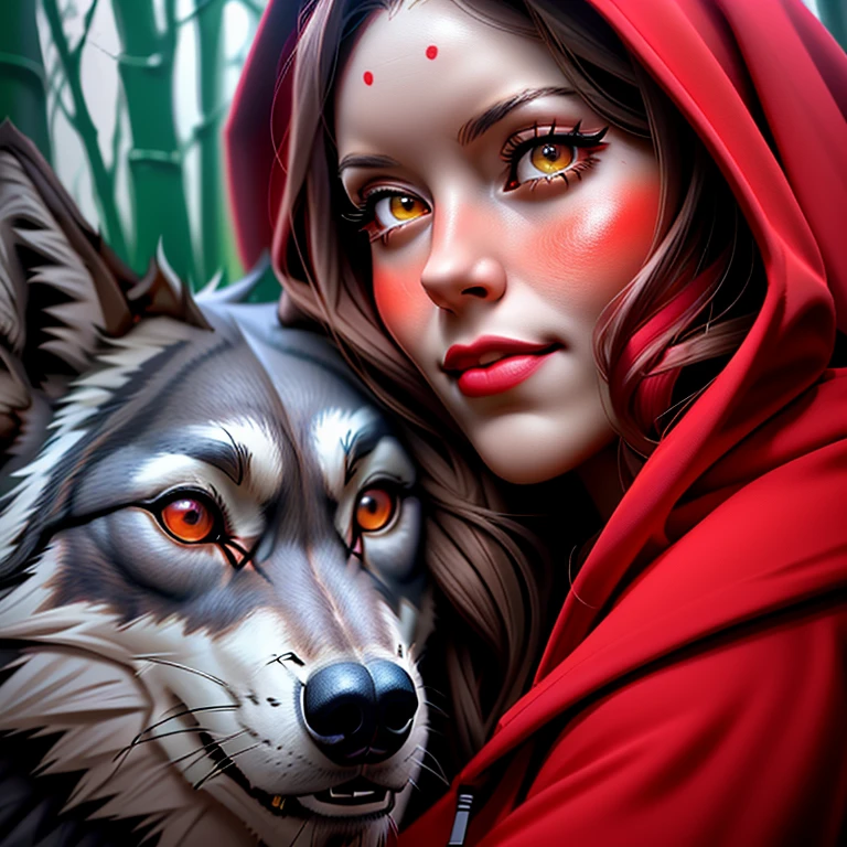 Girl in red hoodie hugging a wolf in the forest, Chapeuzinho Vermelho, Chapeuzinho Vermelho, vestido com um belo manto vermelho, Capuzes vermelhos, Angiewolf, thief red riding hood, wolfgirl, Lobos e seus tesouros, Meio Lobo, lobo como um humano, foto de retrato, Meio homem Meio Lobo, lobo, companheiro lobo, usando um capuz escarlate