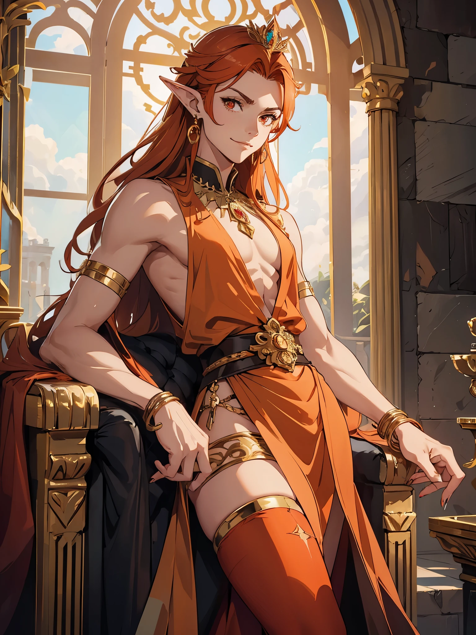 Masterpiece, best quality, , 1_man, male body, thin, handsome, flamboyant, tall, ((upper body)), standing, looking at the viewer, (cocky smile), ((stoic)), long elf ears, earrings, orange hair, long hair length, red eyes, hand on hip, wearing beautiful gold elfish dress, low cut dress, sleeveless, golden bracelets, painted nails, golden crown, red high heels, (thigh highs), dark eyeliner, beautiful appearance, spacious palace, large archways, throne room, marble columns, elfish design, large windows, windows with clouds in them,