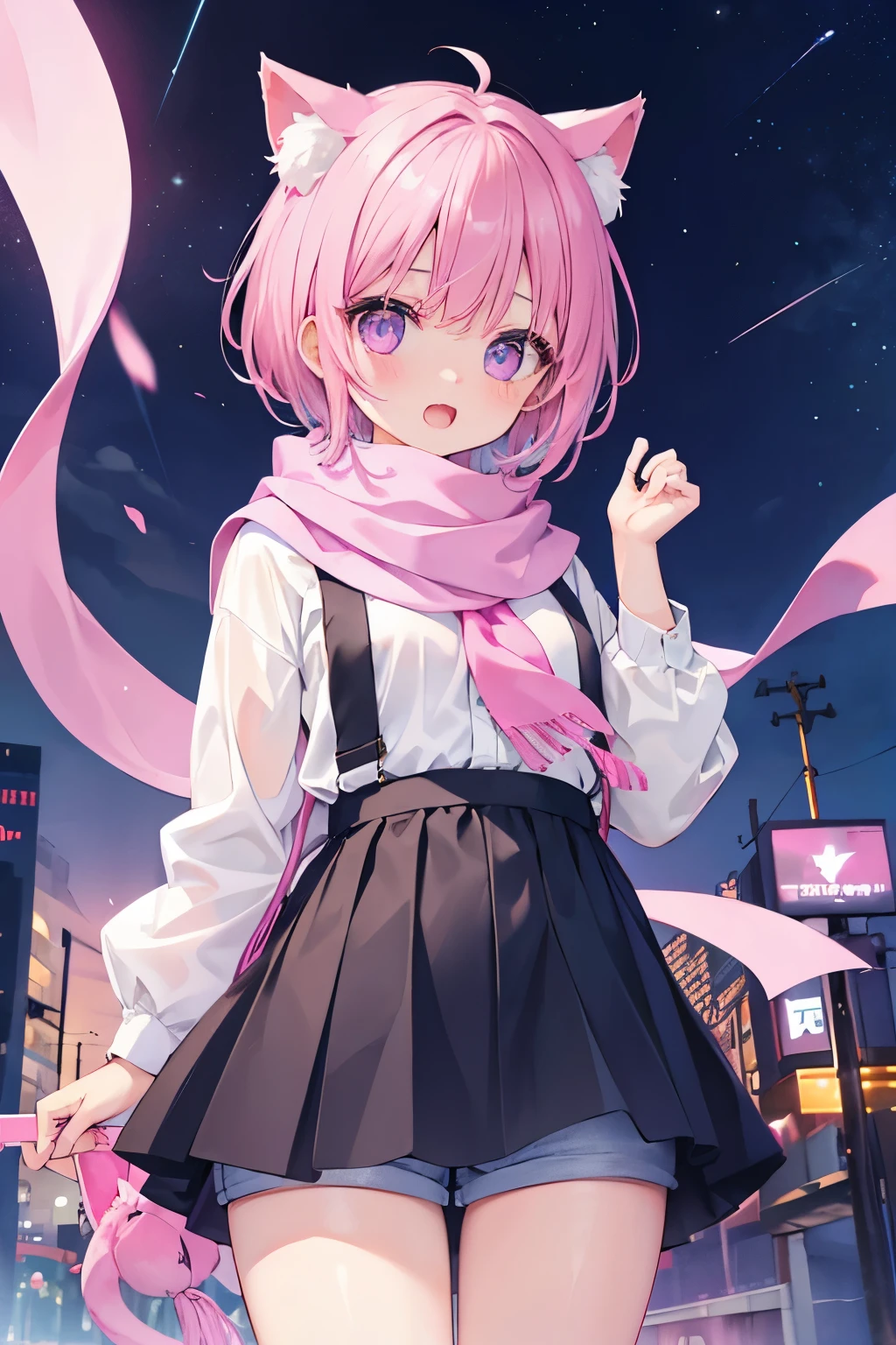 Very beautiful and shining eyes、shining eyes、1 girl、small breasts、big mouth、high school girl、small breasts、Cat ear、Transparent pink short hair、scarf、hot pants