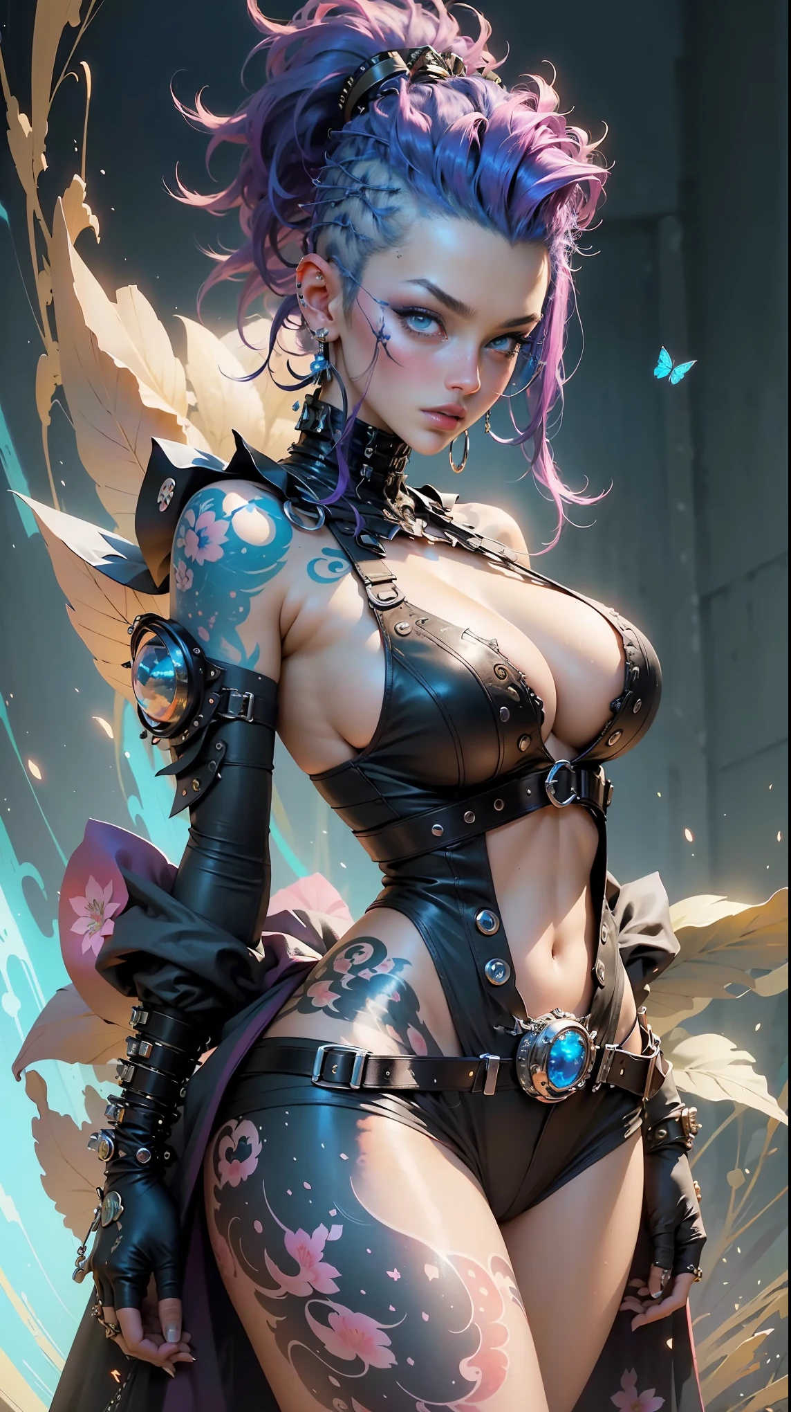 (masterpiece, top quality, best quality, official art, beautiful, cosmic, atmospheric, psychedelic, dreamlike and aesthetic:1.2), (1girl, blue punk rock mohawk hair, tons of tattoos and piercings, accentuated super huge enormously gigantic tits, cleavage showing, full body portrait), extreme detailed,(fractal art:1.3),colorful,highest detailed, cherry blossoms and butterflies blowing in the wind