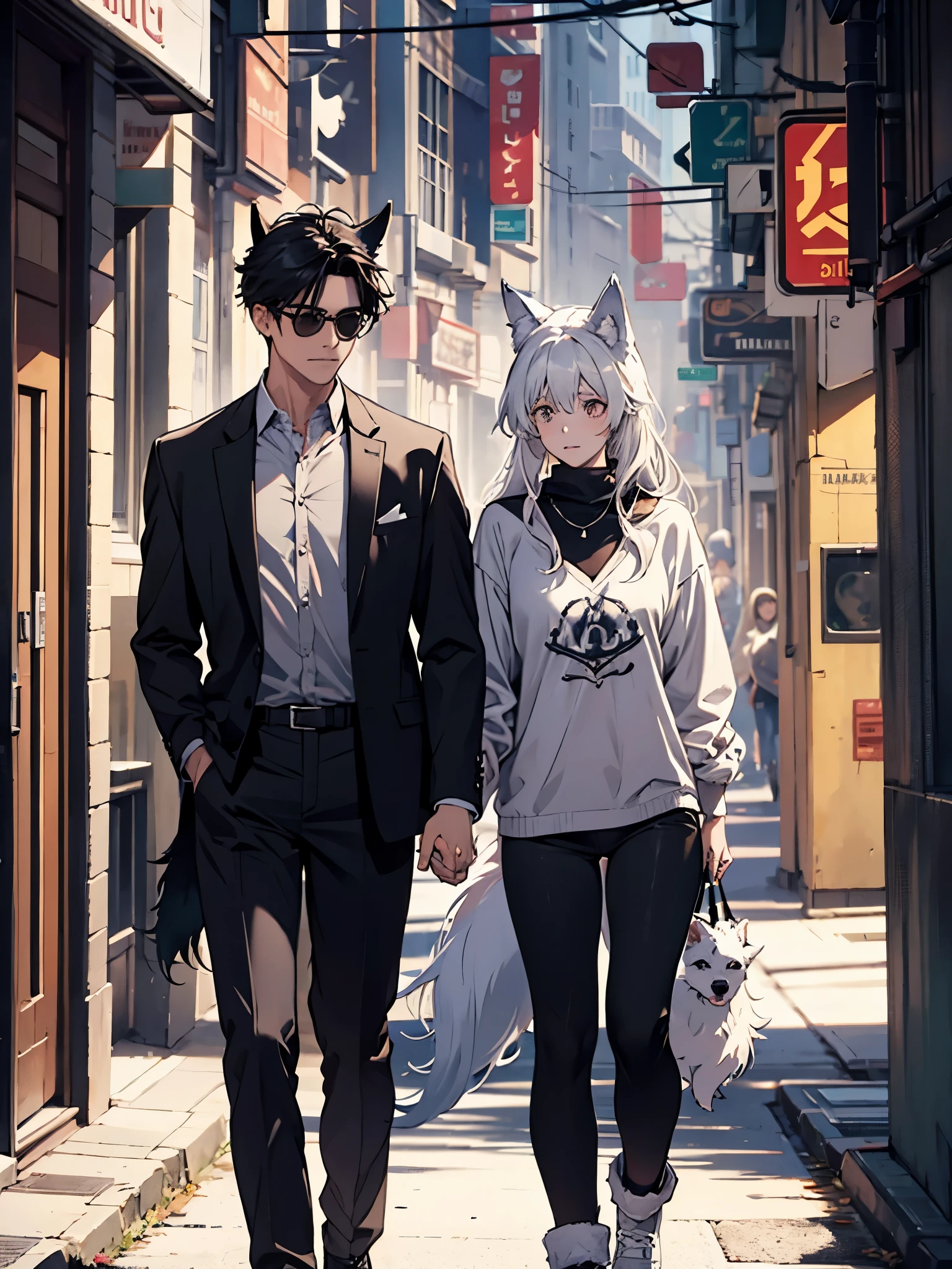 man , 2 people , walking hand in hand , Wolf ears, dog tail