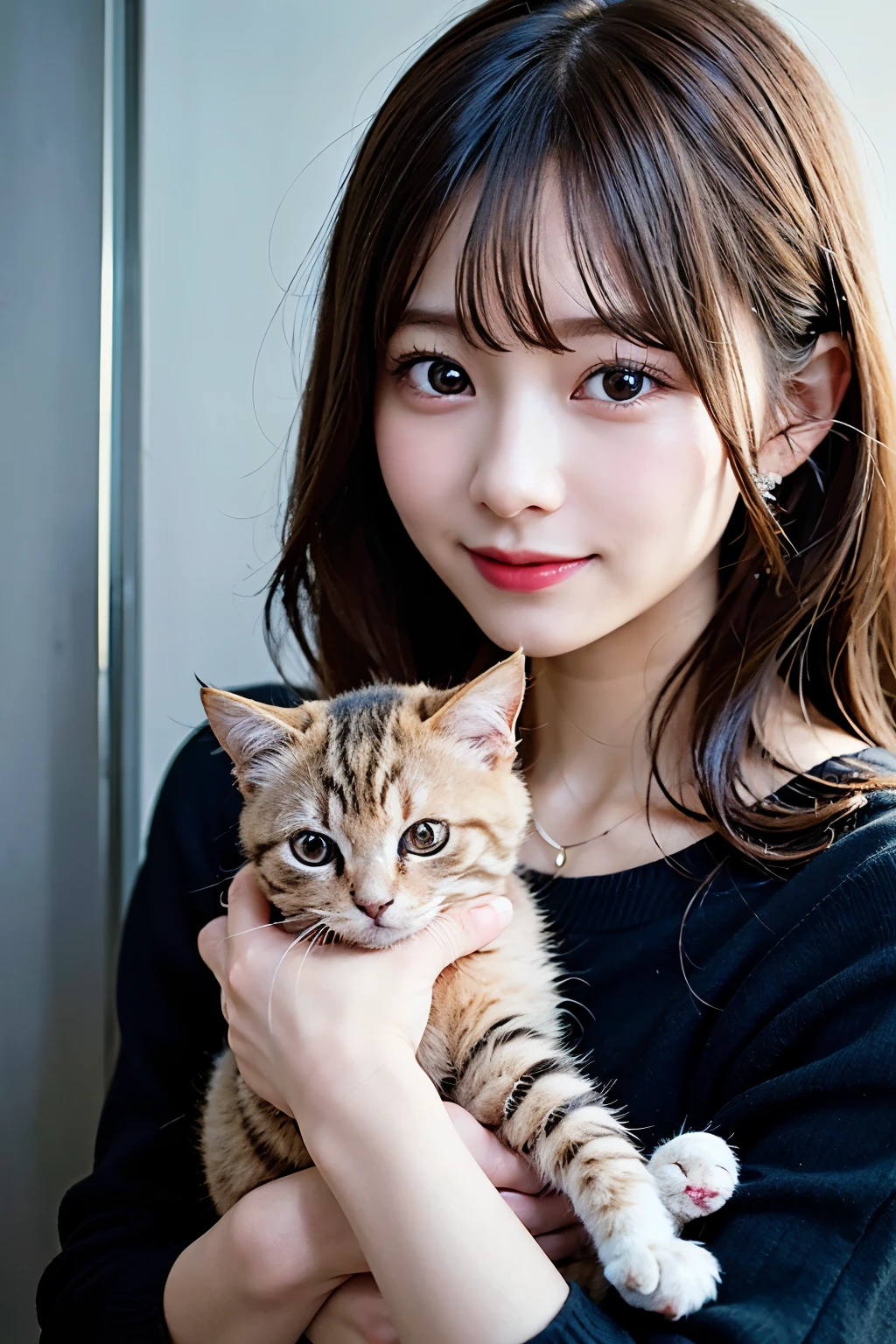 (8k, RAW photo:1.2)detailed face and eyes,最high quality, 超A high resolution, very detailed ,intricate details、bedroom、Holding a kitten、pretty girl , soft movie-like light, hyper detail,sharp focus, high quality, dripping from,smile、