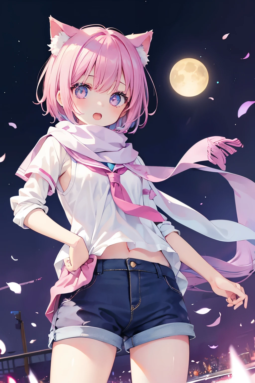 Very beautiful and shining eyes、shining eyes、1 girl、small breasts、big mouth、high school girl、small breasts、Cat ear、Transparent pink short hair、scarf、hot pants