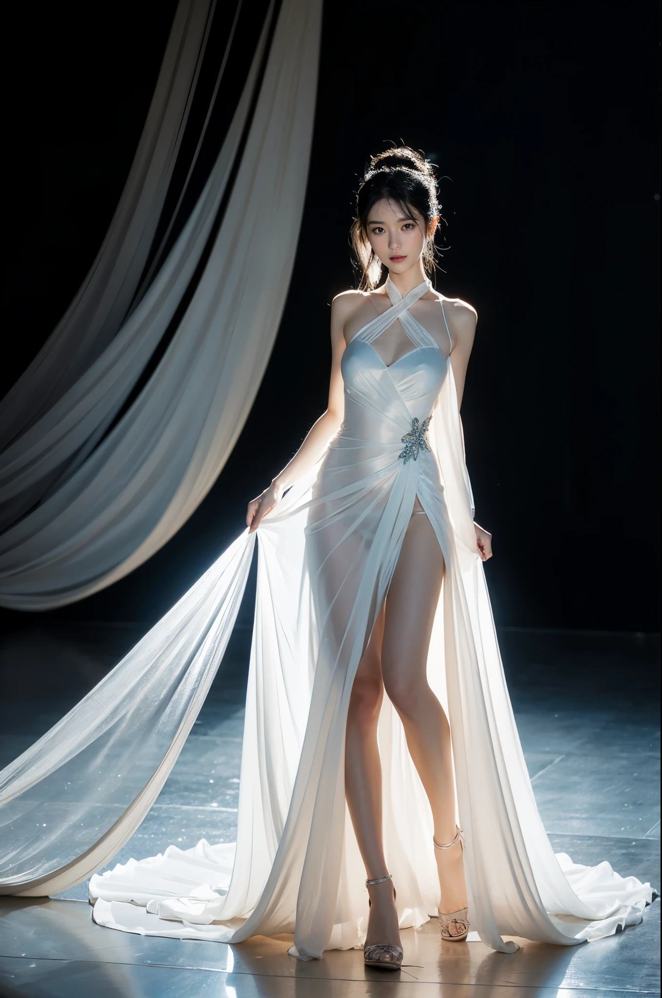 8K, Top Quality, Intricate Details, Ultra Detail, Ultra High Resolution, Masterpiece, random angle,  random pose, Slender, Smile, (Makeup: 0.4), looking at viewer, ((full body)), 19 years old girl, (( full body)), close up shot, , ((tall)), (((fit body))), (((slim face))), sharp face, sharp eyes, (((black hair,  )) , (detailed face), small lips, araffed asian woman in a sheered dress walking down a runway, sexy gown, opened dress, revealing stylish dress, captivating and enticing, gorgeous chinese model, translucent silky dress, translucent body, revealing outfit, young sensual graceful, elegant seducing pose, smooth tight clothes suit, see through dress, a goddess,