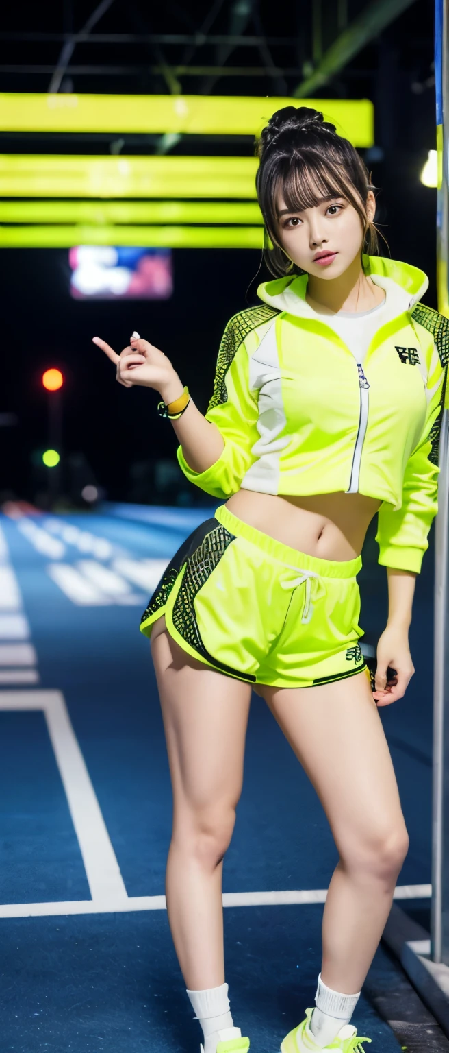 sporty idol、whole body、good style、、、、fluorescent yellow track jacket、white mesh tight shorts、、