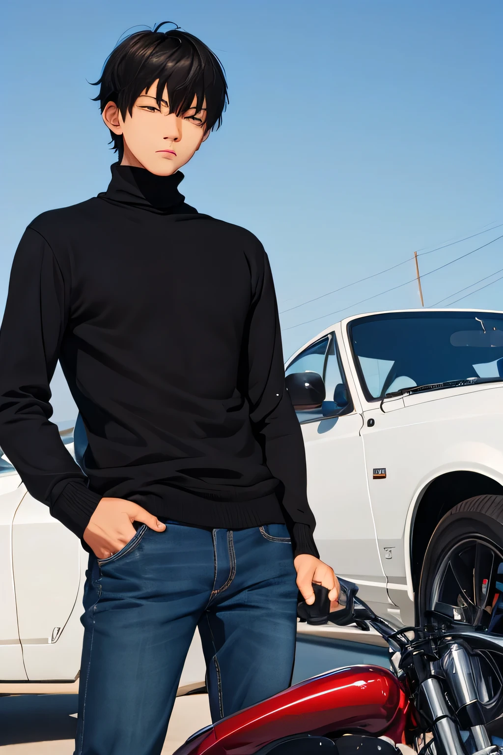 boy about 16 years old, Asian, black hair and eyes, he&#39;s wearing a black turtleneck, sullen face, manhwa style


