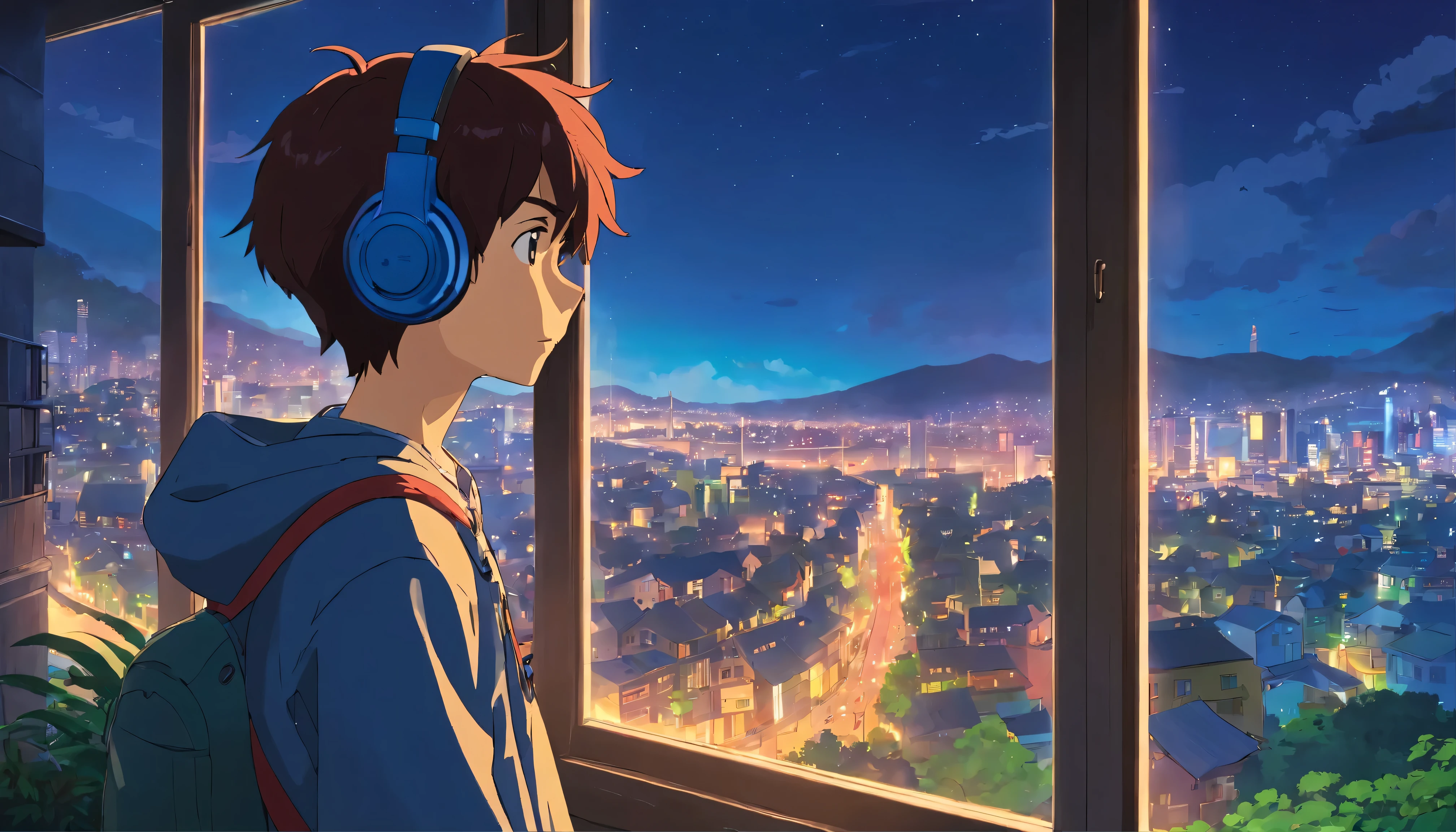 anime boy with headphones looking out a window at a city, lofi boy, anime vibes, lofi artstyle, anime style 4 k, anime aesthetic, nightcore, lofi feel, lofi art, anime art wallpaper 4 k, anime art wallpaper 4k, anime wallpaper 4 k, anime wallpaper 4k, lofi vibes