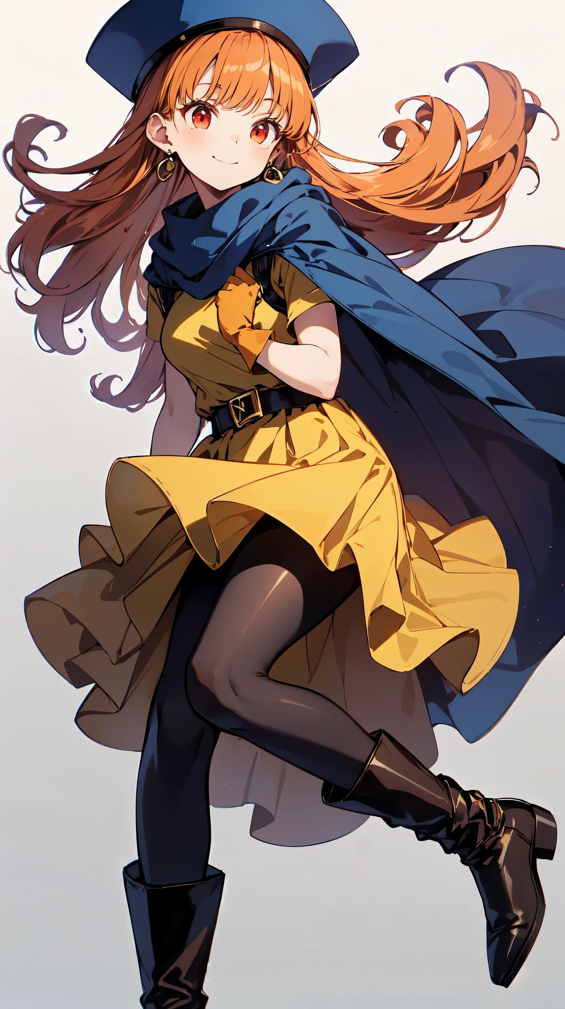 Arena-DQ4, DQ4-Arena,black pantyhose,blue cloak,blue hat,boots,curly hair,earrings,long hair,orange gloves,orange hair,red eyes,No sleeve,yellow dress,yellow skirt, 1 girl, alone, Face-to-face audience, looking at the viewer, smile