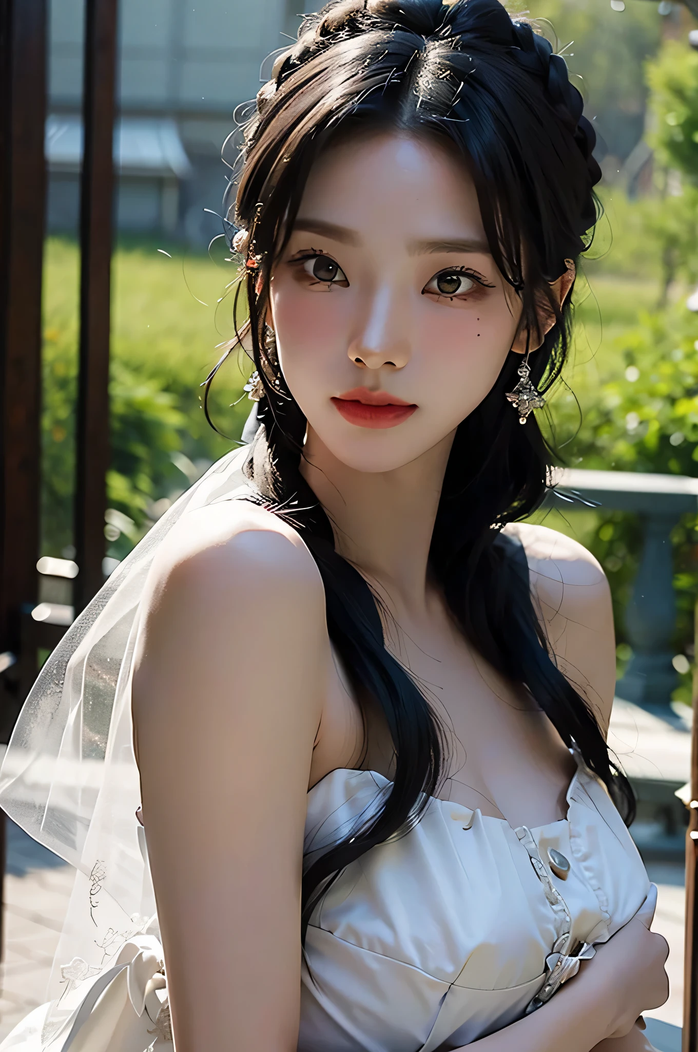 (highest image quality), (masterpiece), (vibrant, photography realistic, Realistic, Dramatic, Dark, Sharp focus, 8K), Close up Face, Highly detailed face and skin texture, sexy wedding dress, ethereal beauty, mature asian woman,black long hair, make up, sexy smile, nsfw ,Close up shot, ((backlight))