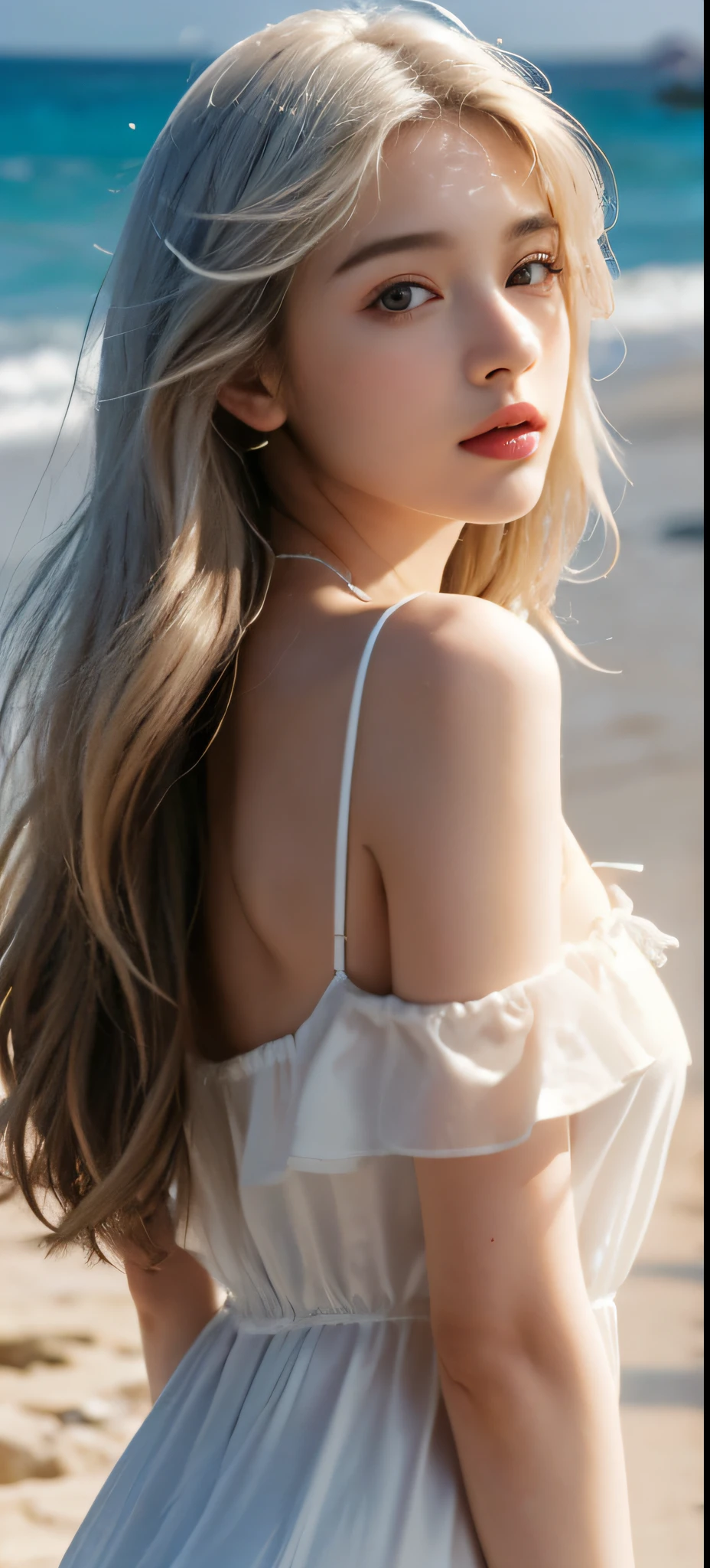best quality,masterpiece,ultra high resolution,(realism:1.4),original photo,1 girl,take off shoulders,long white hair,face highlight,seaside,waves,pure,Full of girlishness,18 years old,spaghetti strap dress,silk texture,Use your hands to style your hair