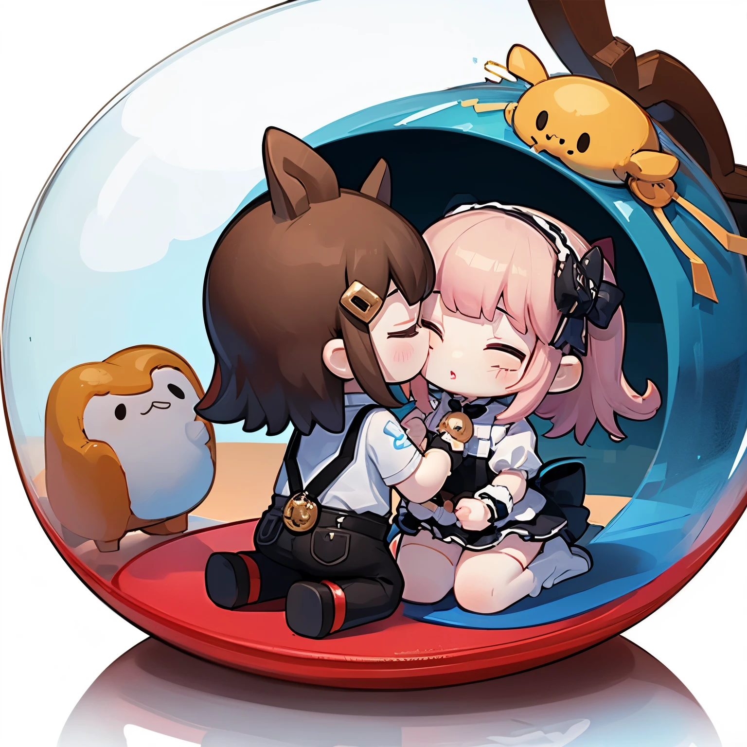 There is a kissing doll inside a dome-shaped transparent plastic case.