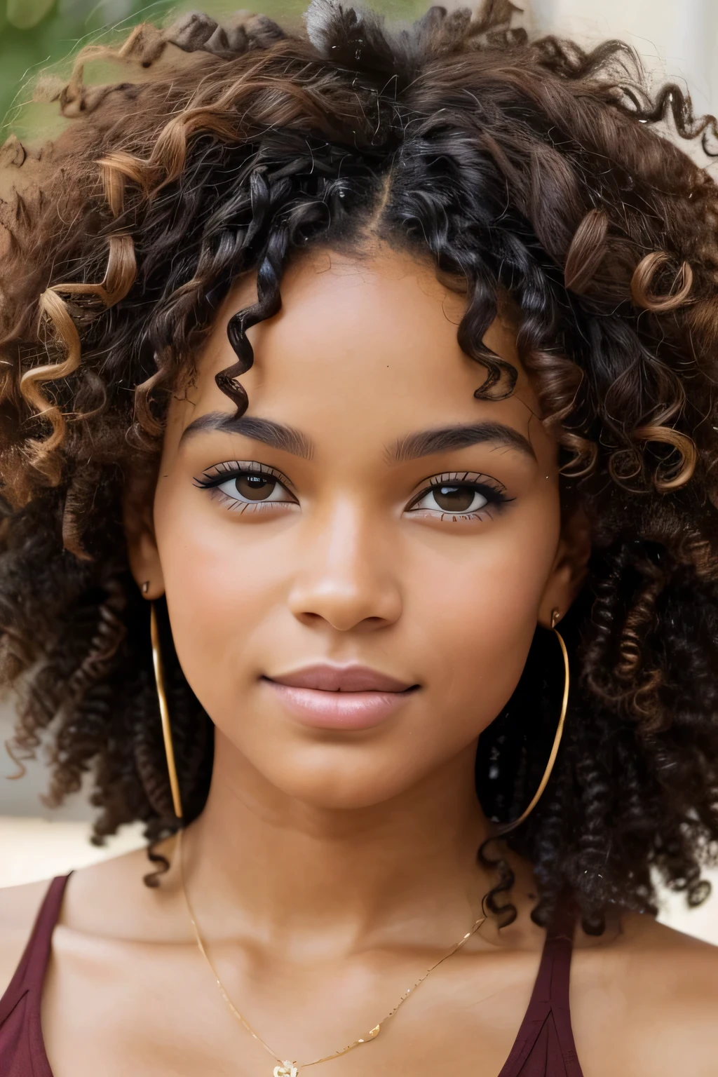 generate me a mixed race with curly hair , d'origine dominicaine, avec des yeux marrons claires et une poitrine moyenne.
