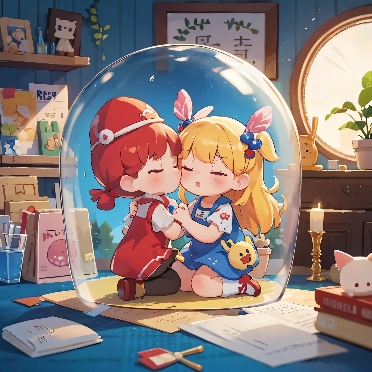 There is a kissing doll inside a dome-shaped transparent plastic case.