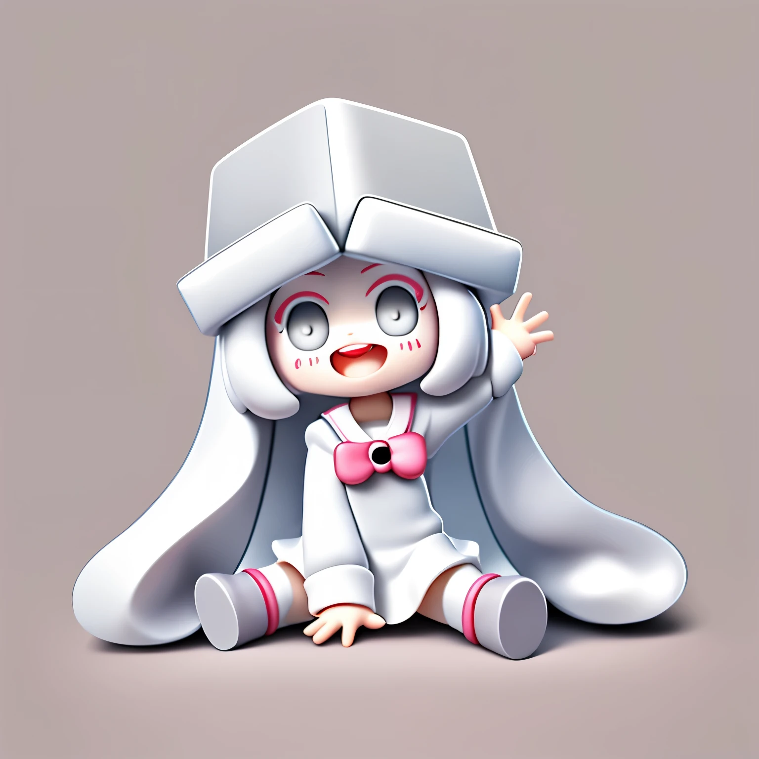 Bubble Mart blind box style,A cute little girl who loves to laugh,sit on the floor,One hand supports the ground,A hand raised to say hello,Wearing a white box-shaped hat,princess cut hairstyle,Off-white hair,Wearing dark gray skirt and boots