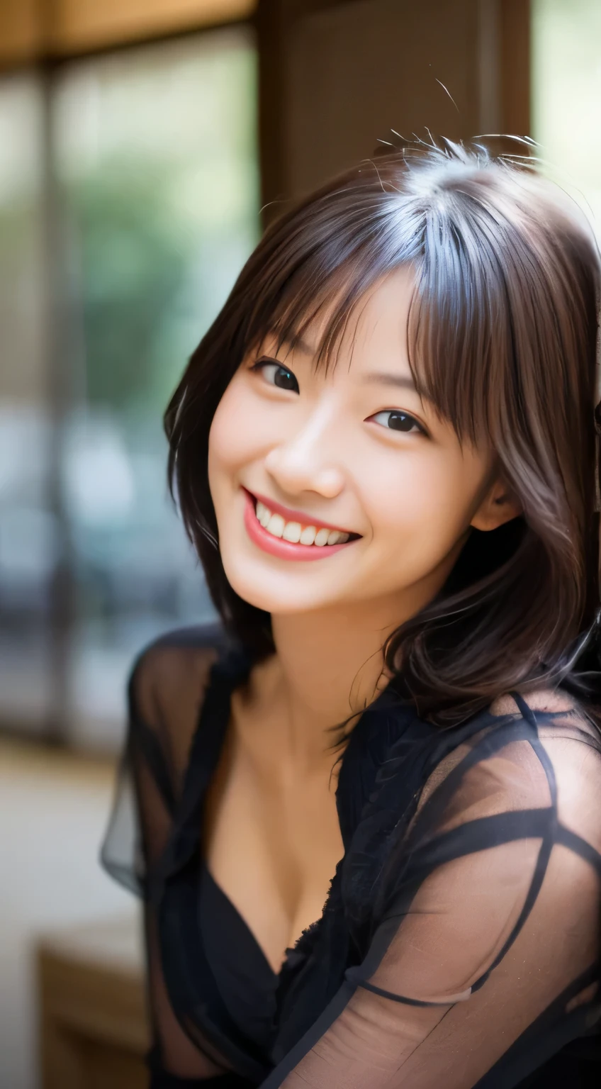 masterpiece,highest quality,(Japanese),((beautiful girl)),cleavage,(See-through),((Clothes that are close to the skin)),An expression that imagines something pleasant:1.2,(perfect body beauty:1.2),(shy smile),beautiful teeth,