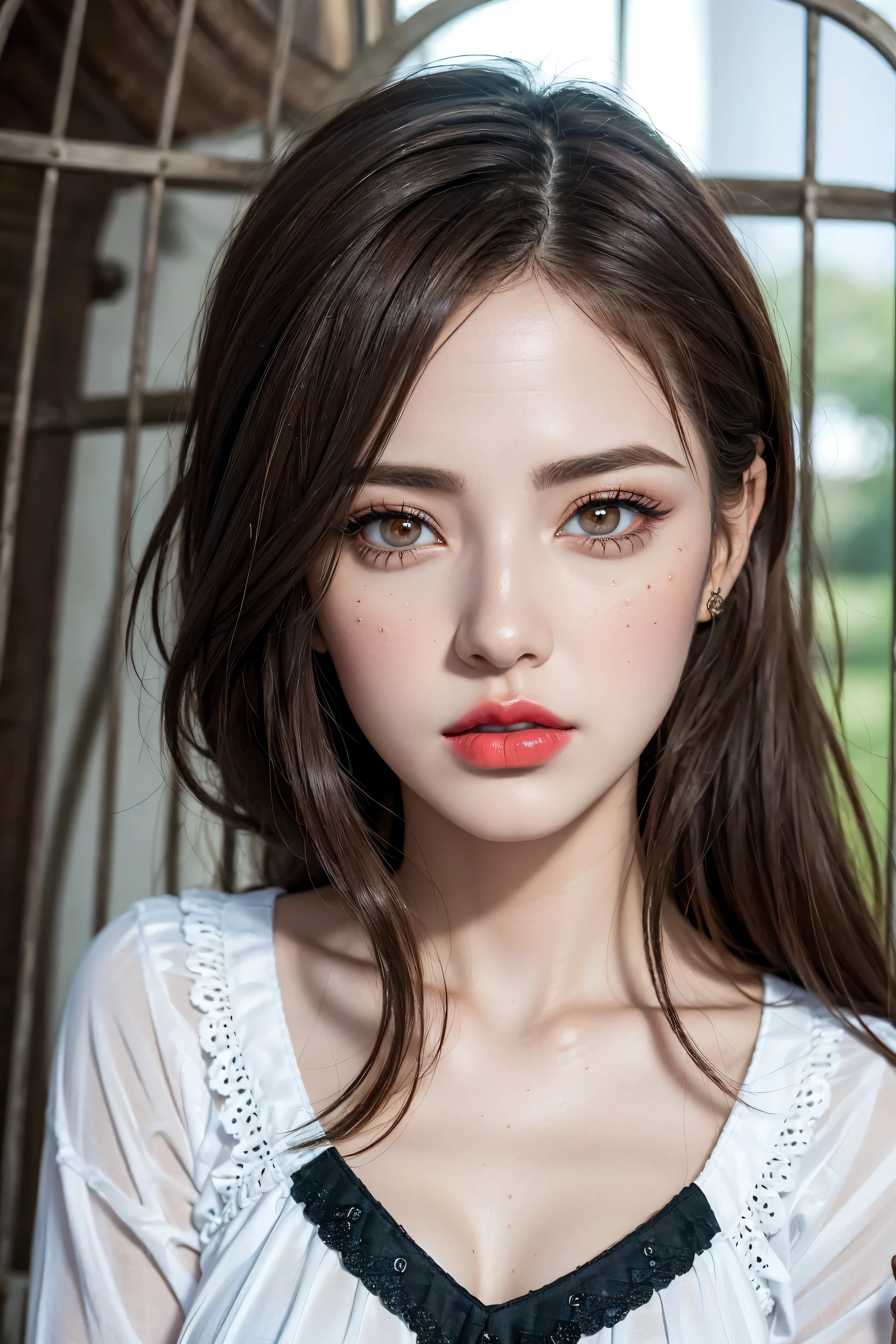 (ultra-detailed primetime portraitini person、(in_cage)、((best high quality:1.35)),((photo realistic:1.45),(Hyperrealism:1.45)),((sharp focus)),(highest resolution),Live shooting、1 female、((Super beautiful face:1.3)),((realistic face)),((Highest details face:1.4)),(adult face)、((brown_eyes:1.4)),(perfect round eyes),(finely detailed eyes detailed pupils),((realistic eyes)),((highly detailed eyes:1.45)),there a close up of a woman's,(super detailed makeup on eyes:1.3),iridescent eyes,vibrant eyes:1.2,((highly detailed lips)),(red lipstick:1.27),18 year old high school girl、(perfect female body:1.4),((Super beautiful body)),(white panties:1.2)、(spread your legs to the side)、(high school uniform)、(Plaid pleated skirt)、(Dark blue school sweater)、white shirt、brown hair、((best quality texture hair:1.3)),((highly detailed hair:1.3)),wearing makeup、(At SFW)