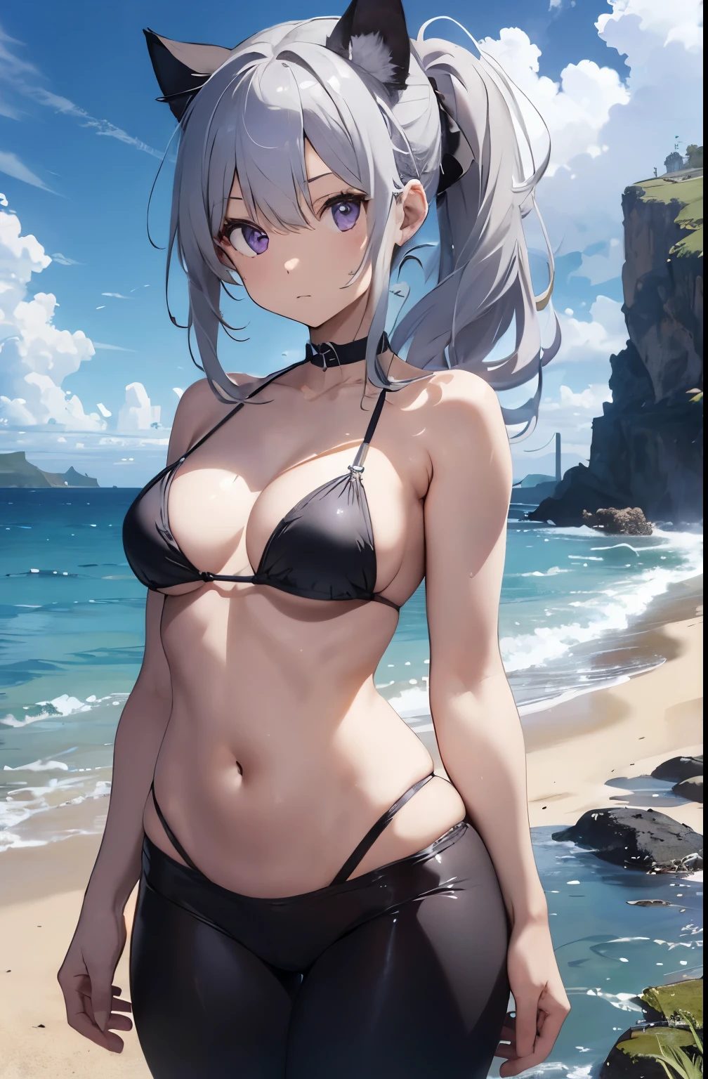 video angle, Depth of written boundary, (looking at the viewer), (right foreground: 1), (standing photo: 1),
(play the guitar: 1.3),
cat ears girl, (alone),silver hair,(white skin:1), (Curvaceous:1.2), (wide hips:1.1),
(Beautiful coast background), (coast background: 1.4), (coast background: 1.4),
(green clothes), (bare shoulders, white micro bikini), (T-back pants: 1.2), choker, thigh boots,
(ponytail, hair between eyes), (silver hairの), (purple eyes), (flat chest: 1.2),
No expression, stunned, sleepy,
seaweed, seaweed, seaweed, seaweed, seaweed, seaweed, seaweed, seaweed
