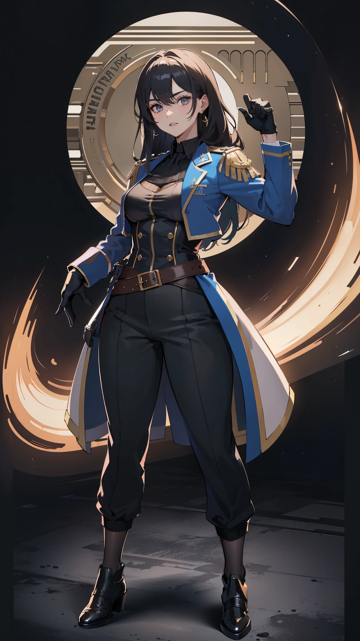 11:23(((Best quality: 1.4))),(Unparalleled tmasterpiece), (hyper HD),(Hyper-realistic 8k CG)、(dark colored hair)(Crossed waist with one hand) ((( body))), (((1 girl in))), 25-year-old American soldier with perfect body,,Beautiful and well groomed face,muscular body:1.2,Solid royal blue jacket with details, (Pictures from head to thighs), Complex equipment, long trousers,The clothes inside are dark, ),Gorgeous and fearless female warrior, fit and muscular body, military shirt, bshoulder, Dark blonde hair, tattooed arms, Full detail on the face, high detal, actual, Photoquality, high high quality, (photoactual:1.4), The content is very detailed, tmasterpiece, high high quality阴影, 4k hands,