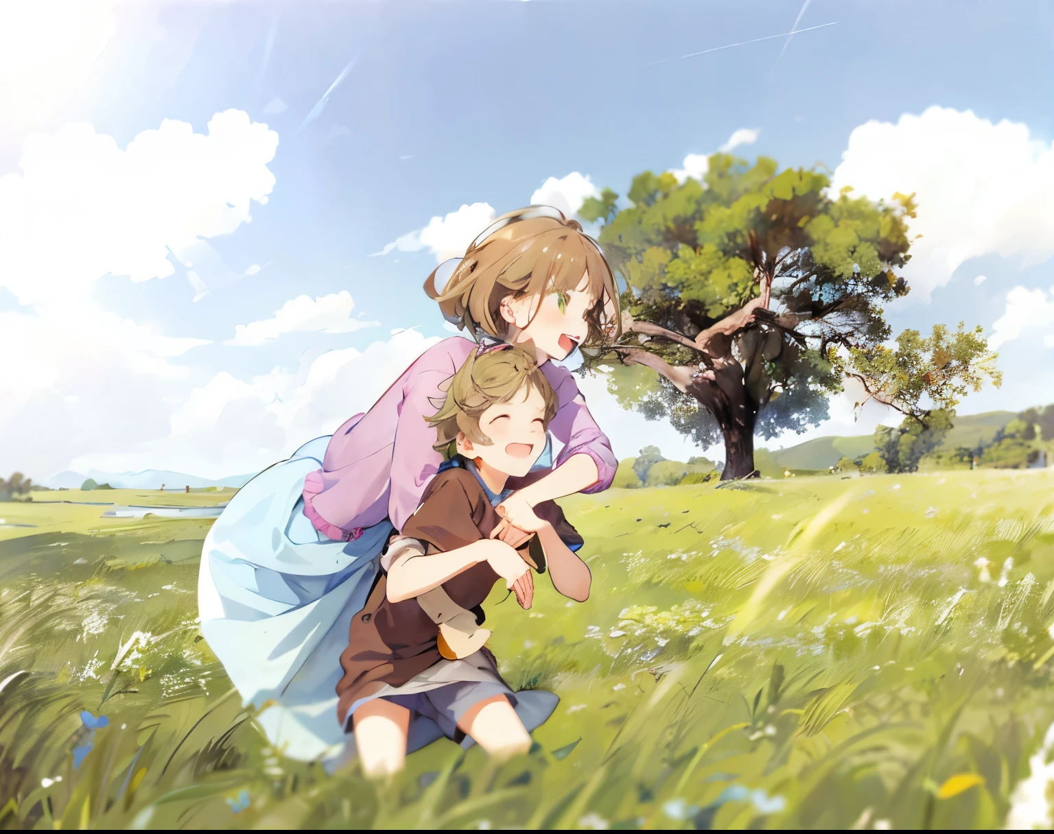 Girl having fun with her little brother, laughing, green plain, ears, field, big tree, many clouds, blue sky, nature, realistic, masterpiece, distant plateaus, green distant mountains, countryside girl, brown-blonde hair, light blue dress, dress Pink wool, boy, brown shirt, blue tank, 
