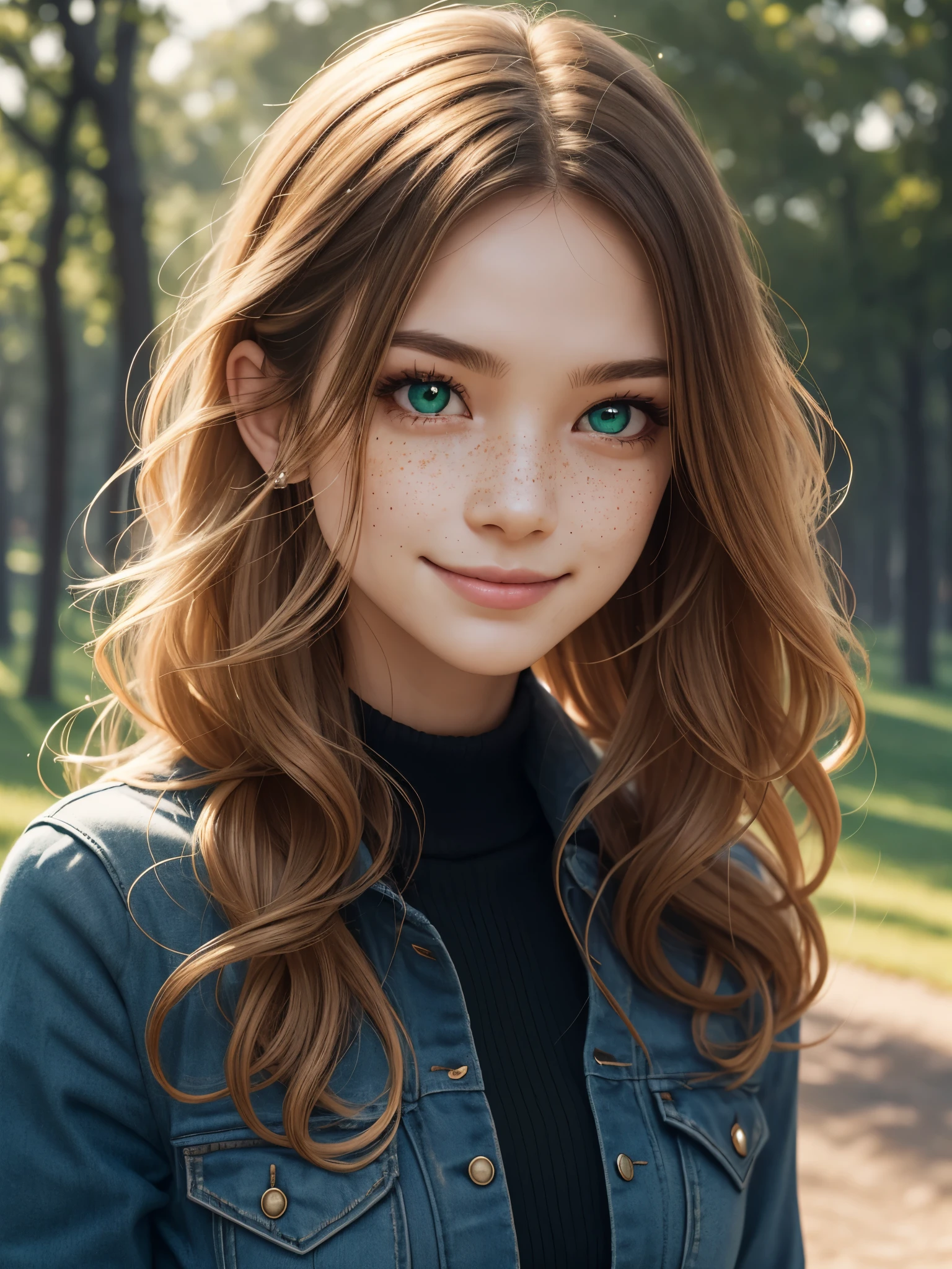 female, age 25, caucasian, pearly skin, freckles, small green eyes, high forehead, ginger wavy hair, wild hair, oval face, cute, highly detailed, sharp focus, stunningly beautiful, looking at camera, smile, sultry look, makeup, masterpiece, walking in the park