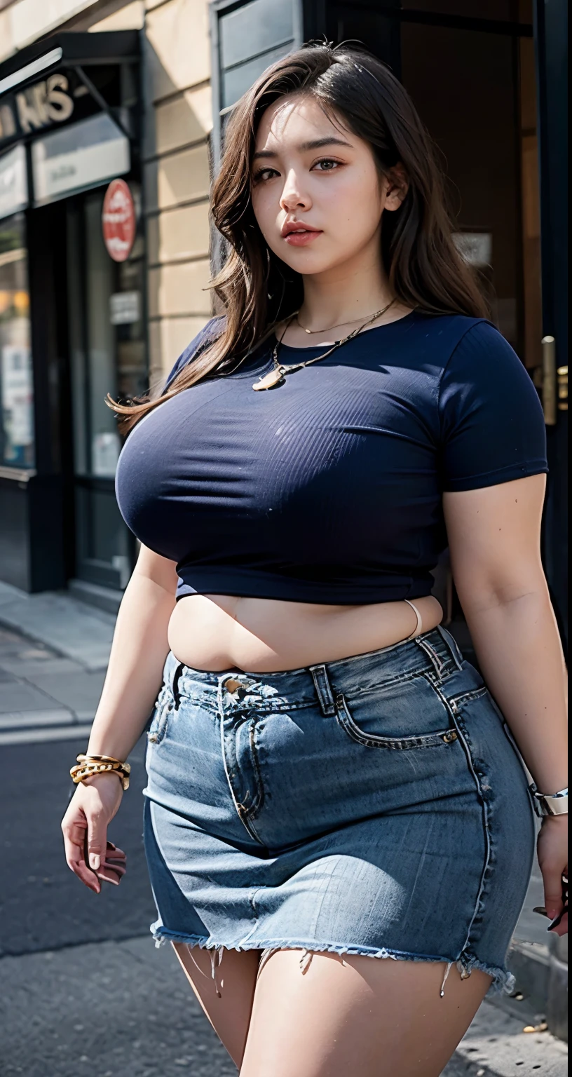 ((best quality)), ((masterpiece)), (detailed), perfect face, araffe woman in a dark-blue shirt and blue denim skirt walking down a street, thicc, wavy hair , she has a jiggly fat round belly, bbwchan, wearing tight simple clothes, skinny waist and thick hips, widest hips, her belly is fat and round, soft curvy shape, hyperrealistic full figure, wearing a cute top, wide hips, wearing 10 bracelet , wearing huge diamond necklace