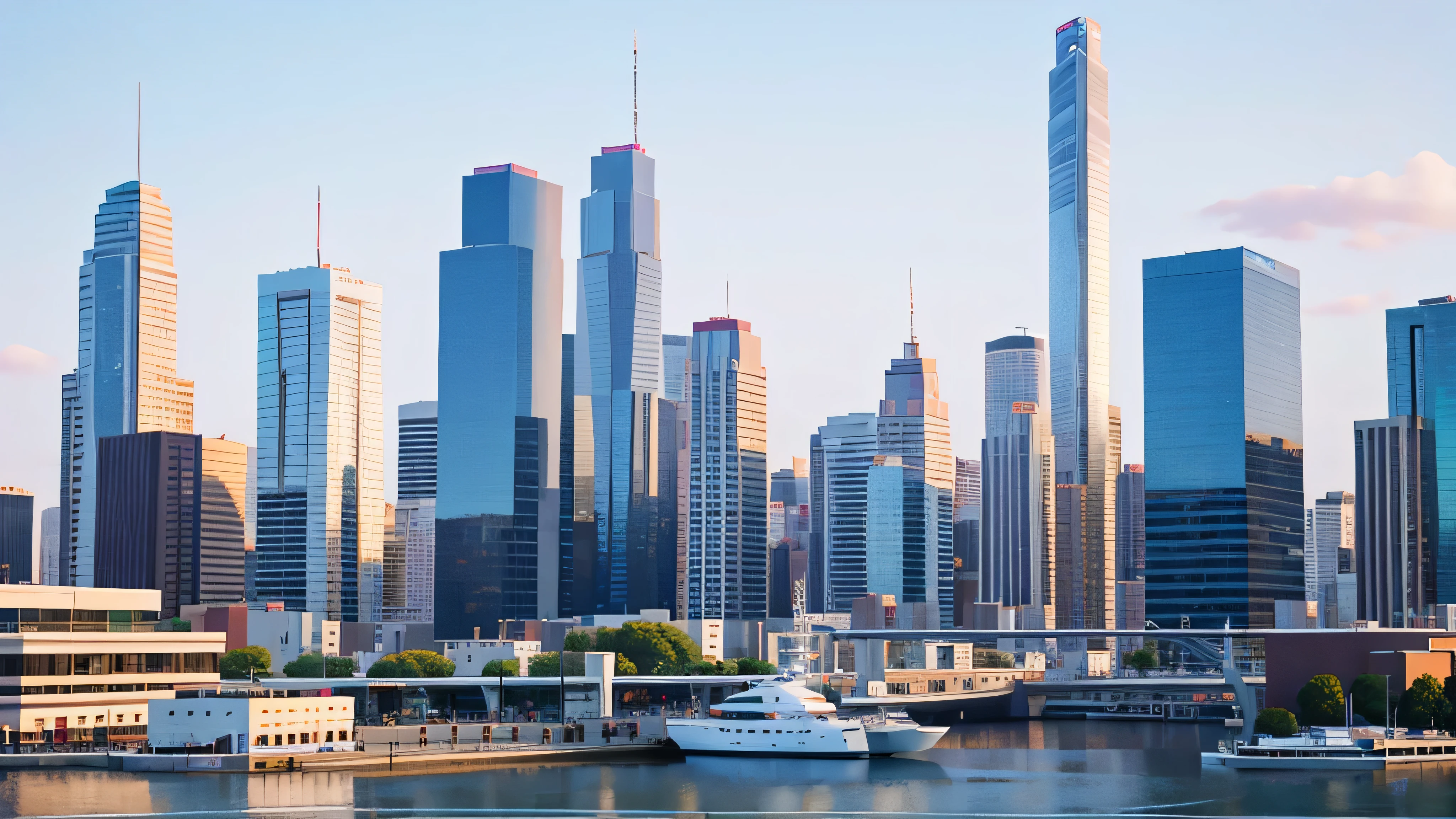 A stunning, highly-detailed wide-angle photo of a modern city skyline. The image features a minimalistic design, with tall, sleek buildings reaching towards a clear, crisp blue sky.  The minimalist background allows the architectural beauty of the city to stand out, making it an ideal wallpaper for any device., photo