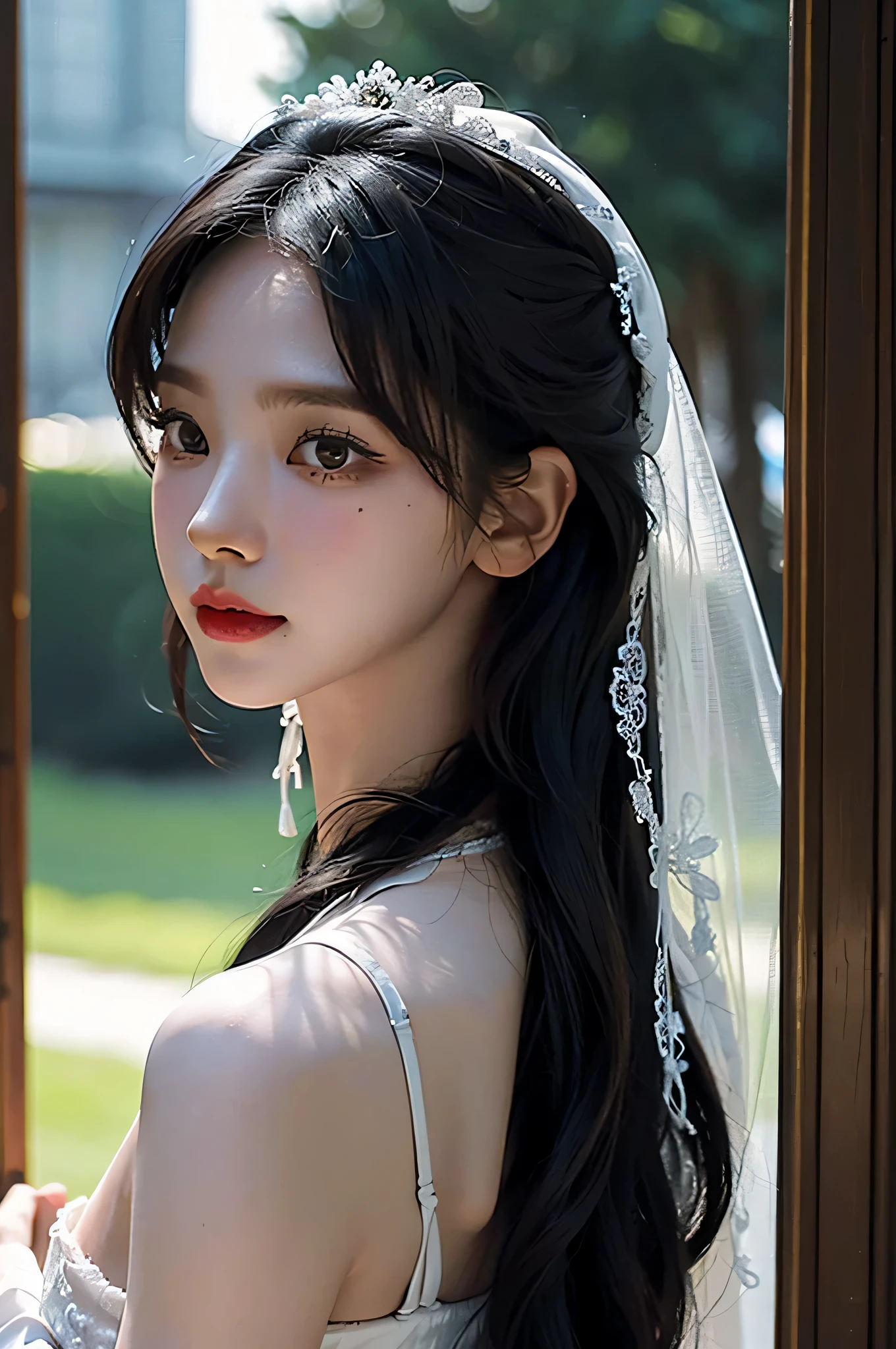 (highest image quality), (masterpiece), (vibrant, photography realistic, Realistic, Dramatic, Dark, Sharp focus, 8K), Close up Face, Highly detailed face and skin texture, sexy wedding dress, ethereal beauty, mature asian woman,black long hair, make up, sexy smile, nsfw ,Close up shot, ((backlight))