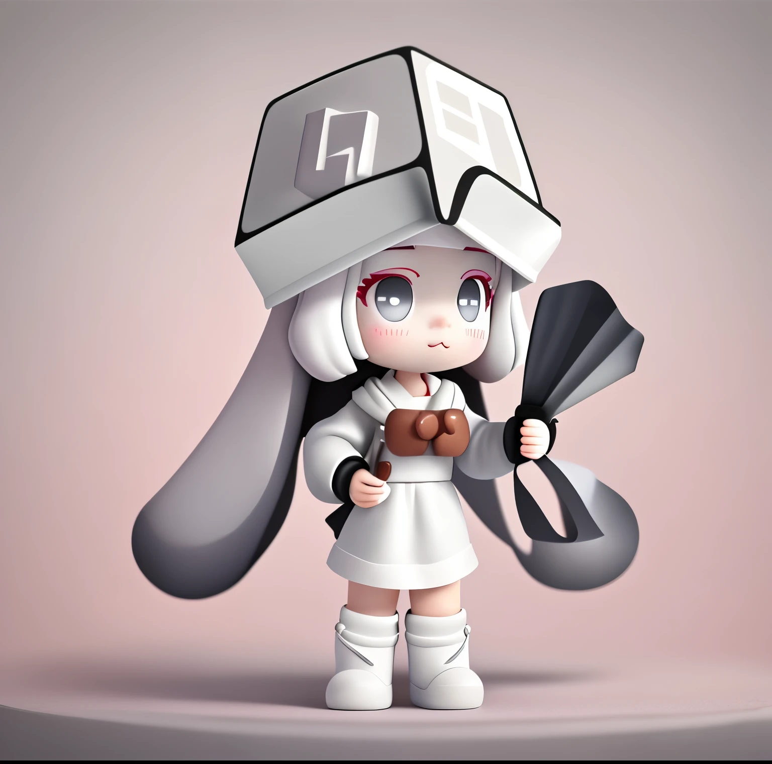 Bubble Mart blind box style,a cute ,Holding a roll of map in hand,Wearing a white box-shaped hat,princess cut hairstyle,Off-white hair,Wearing dark gray skirt and boots