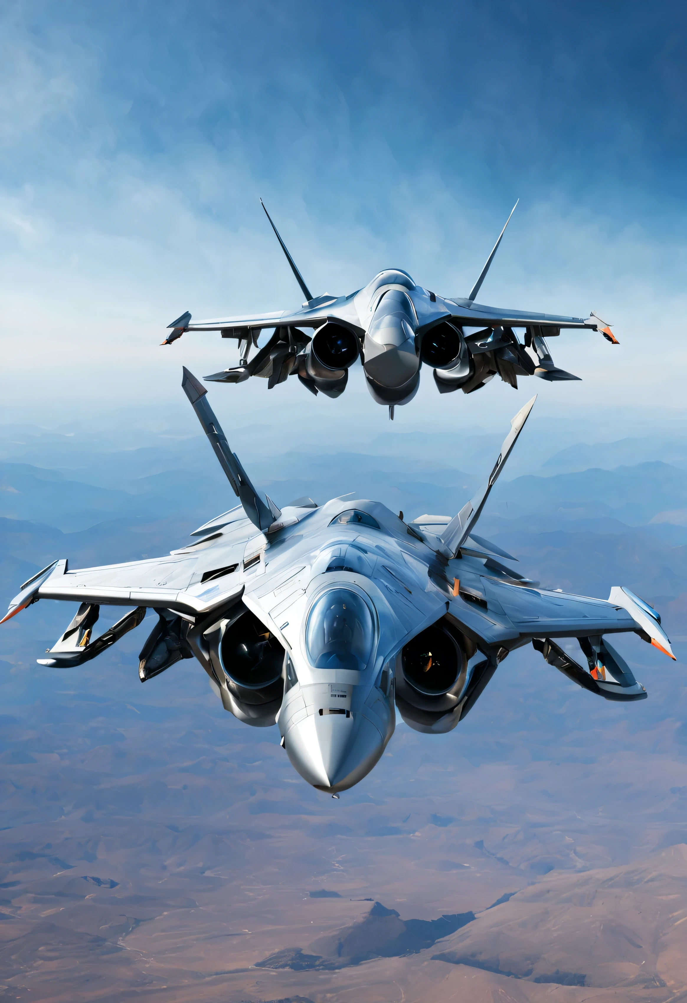 Futuristic space fighter with two cockpits, for flights in and out of airspace, vertical takeoff, variable angle krill, four engines, missile weapons and two automatic machine guns, one in front, One in the back, (F-55E Orca - Aggressor Squadron:0.9), (F-16:0.7), (We have 24V:0.6) metallic gray.