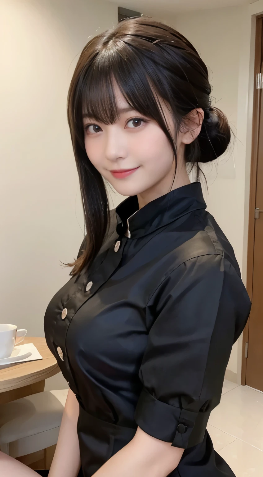 (highest quality,masterpiece:1.3,ultra high resolution,),(Super detailed,caustics),(Photoreal:1.4,RAW shooting,)ultra-realistic capture,very detailed,High resolution 16K human skin close-up。 natural skin texture、,The pores are、、、、Must be detailed enough to be easily identified。 Skin should look even-toned and healthy。 Use natural light and color,restaurant,waitress uniform,1 girl,Japanese,18-year-old,cute,black haired,ponytail,big breasts,smile,turn your body forward,(Front view:1.1),look at the camera,cowboy shot,