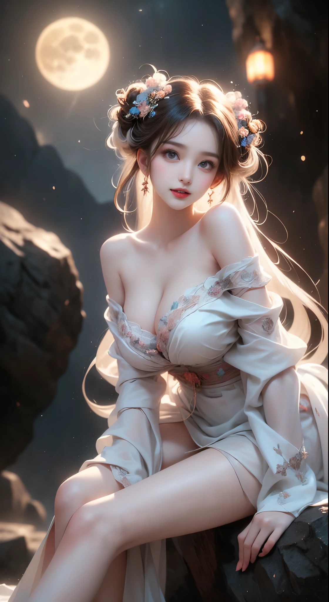  ((bare shoulders)), ((whole body)), actual, fashion girl, red lips, mature women, cosmetics, big eyes, beautiful eyes, ((whole body)), ((from below)), (best quality, masterpiece:1.2), Super detailed, (actual:1.37), ((Sexy long legs)), beautiful, young and energetic, Charming model with, big breasts, cleavage, (delicate eyes, Detailed lips, extremely delicate eyes), show a bright smile, Create stunning girl images, Warm colors, Extremely high color saturation, official art, Extremely detailed CG unified 8k wallpaper,(high dynamic range :1.4), (cinematic),(pastel colors, dull color, soothing tone :1.3), (natural skin texture, ultra-actual, soft light, sharp),(Very detailed), night, moonlight, ((in the mountains, plant, Leaning against the rocks))
