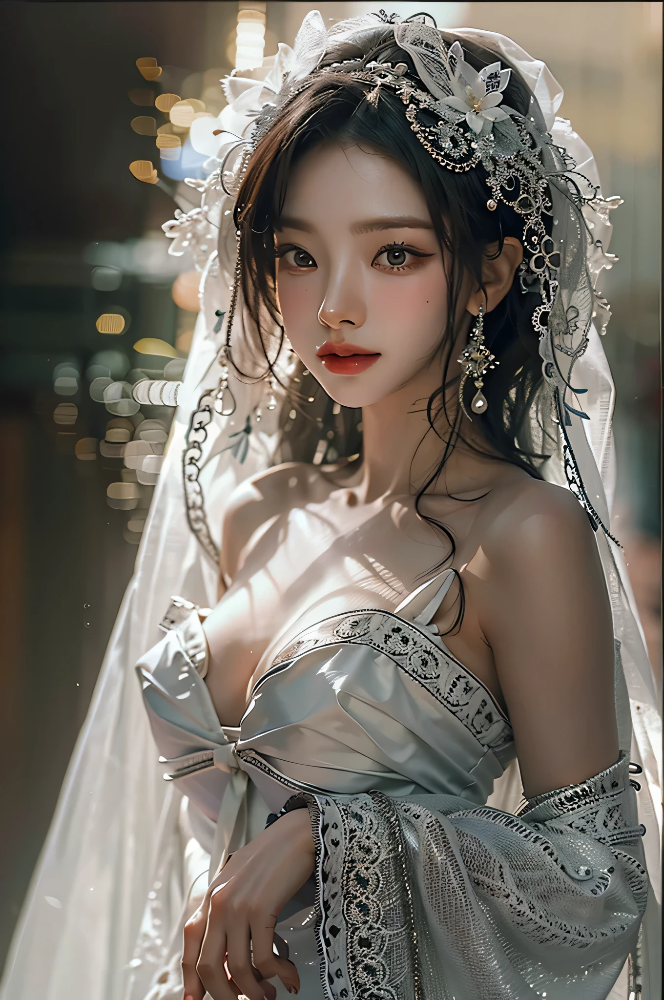 (highest image quality), (masterpiece), (vibrant, photography realistic, Realistic, Dramatic, Dark, Sharp focus, 8K), Close up Face, Highly detailed face and skin texture, sexy wedding dress, ethereal beauty, mature asian woman,black long hair, make up, sexy smile, nsfw ,Close up shot, ((backlight))